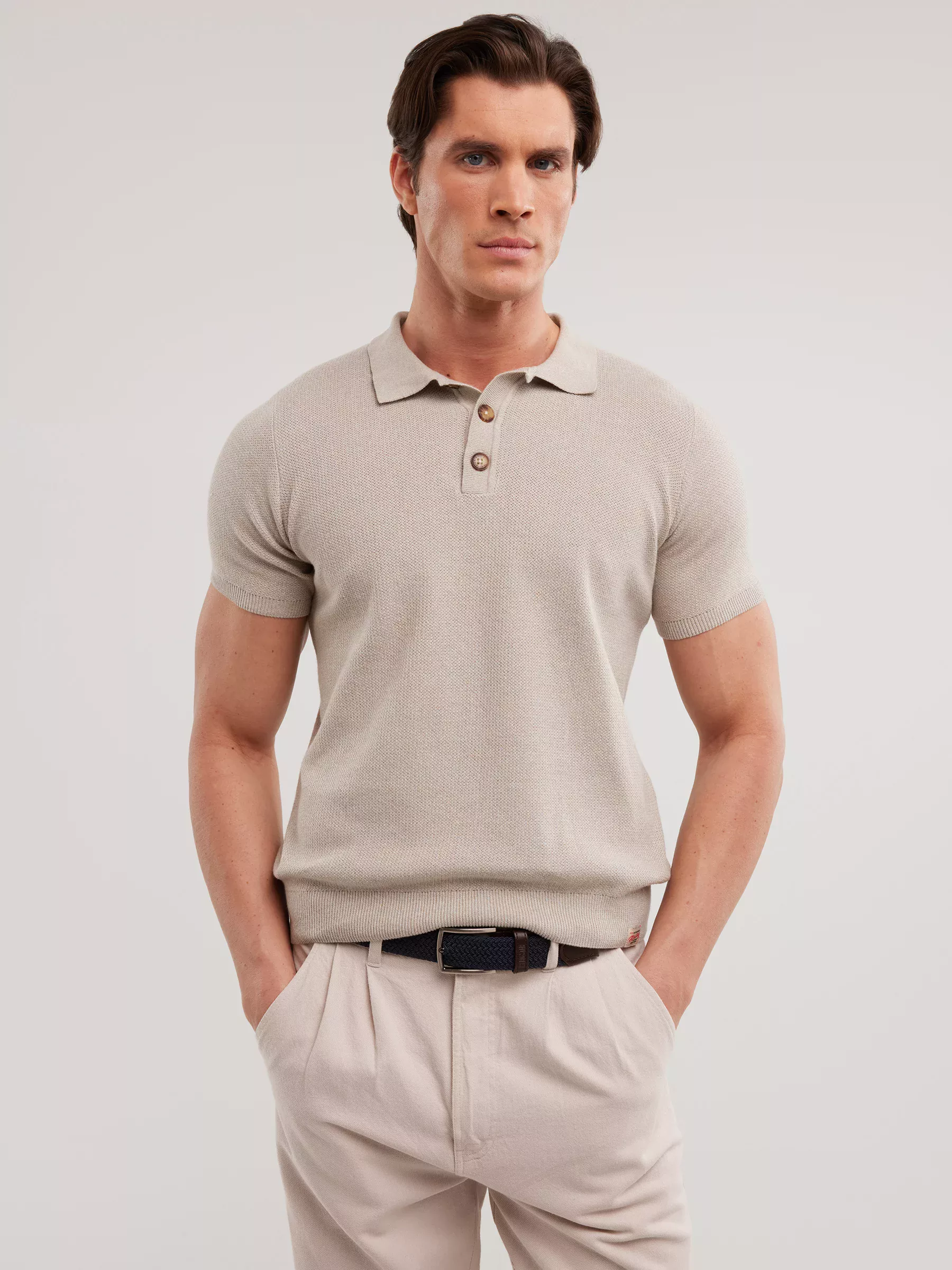 Sweter męski polo z krótkim rękawem beżowy Polonezzo 801