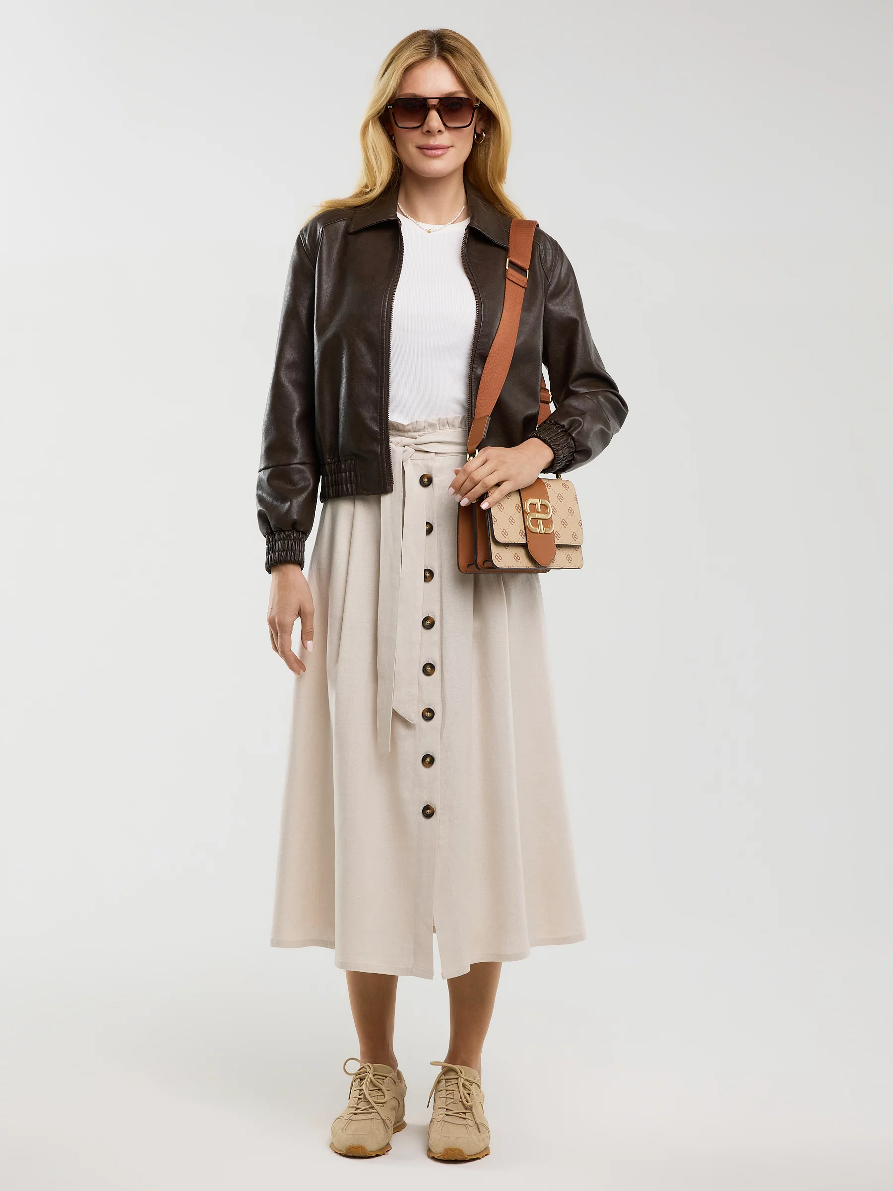 Spódnica damska midi lniana z ozdobnymi guzikami beżowa Cosmo 800