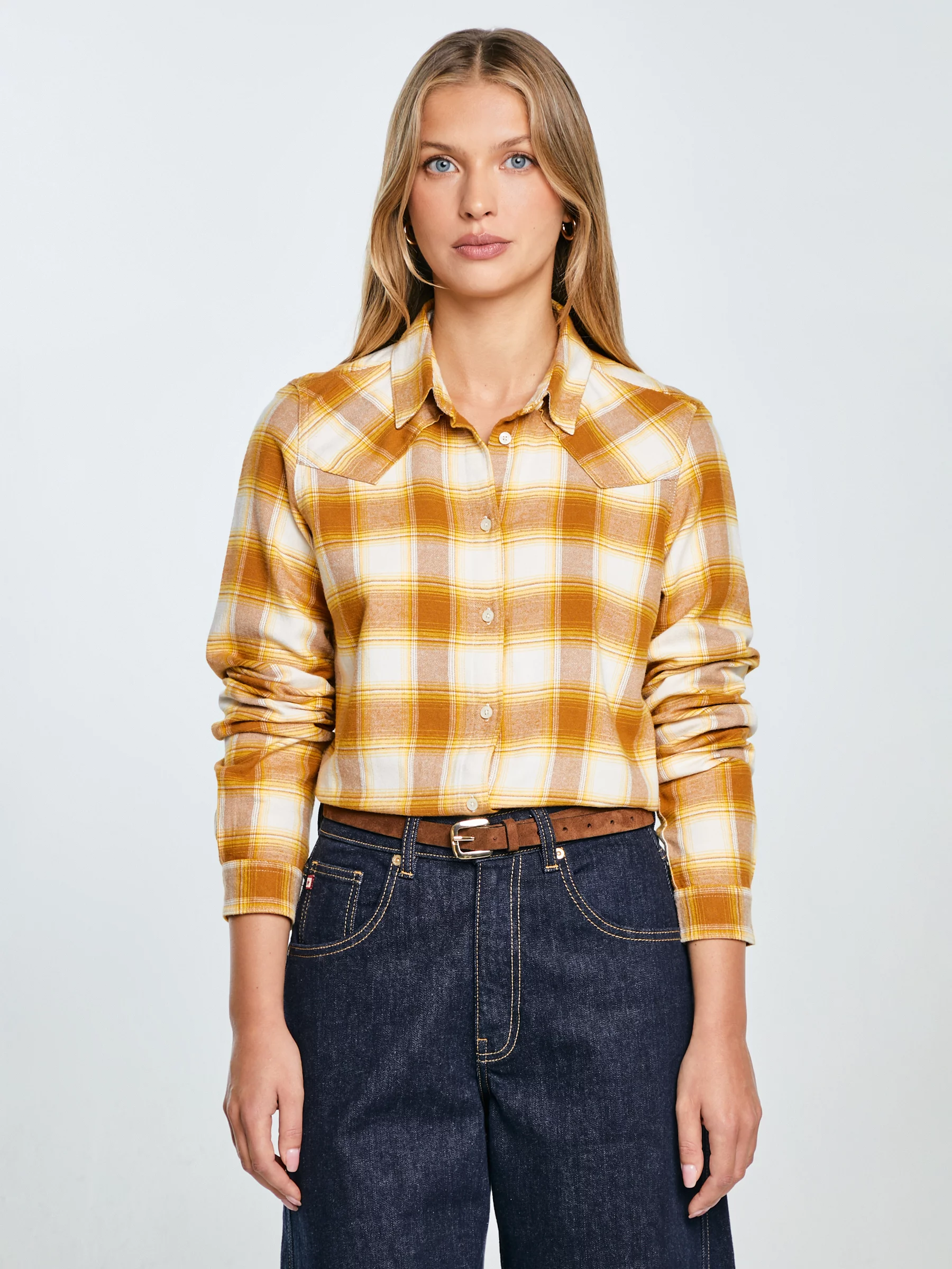 Koszula damska flanelowa w kratę żółto-brązowa Dreni 201