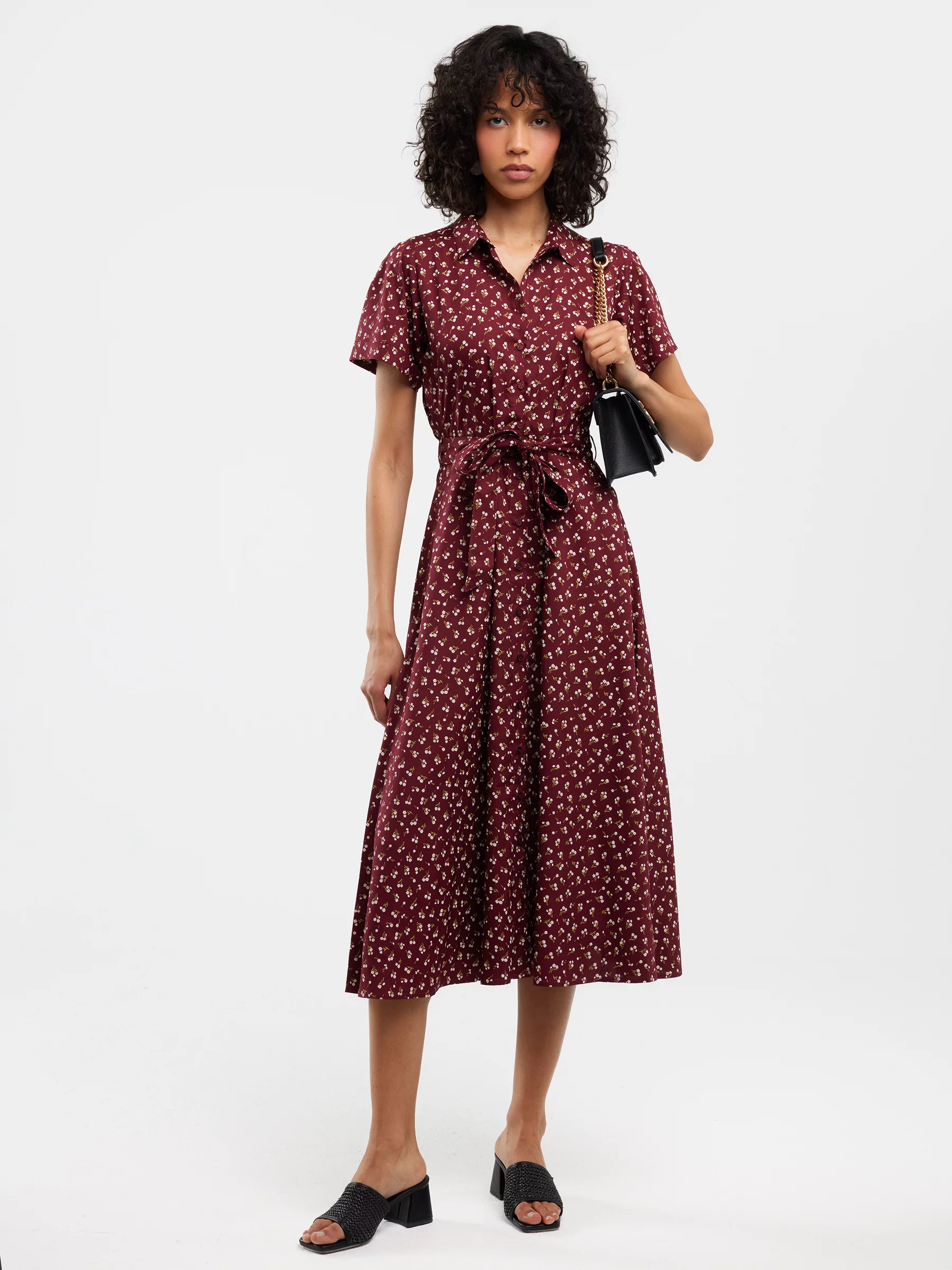 Sukienka damska midi z wiskozy z motywem kwiatowym bordowa Nahai 604