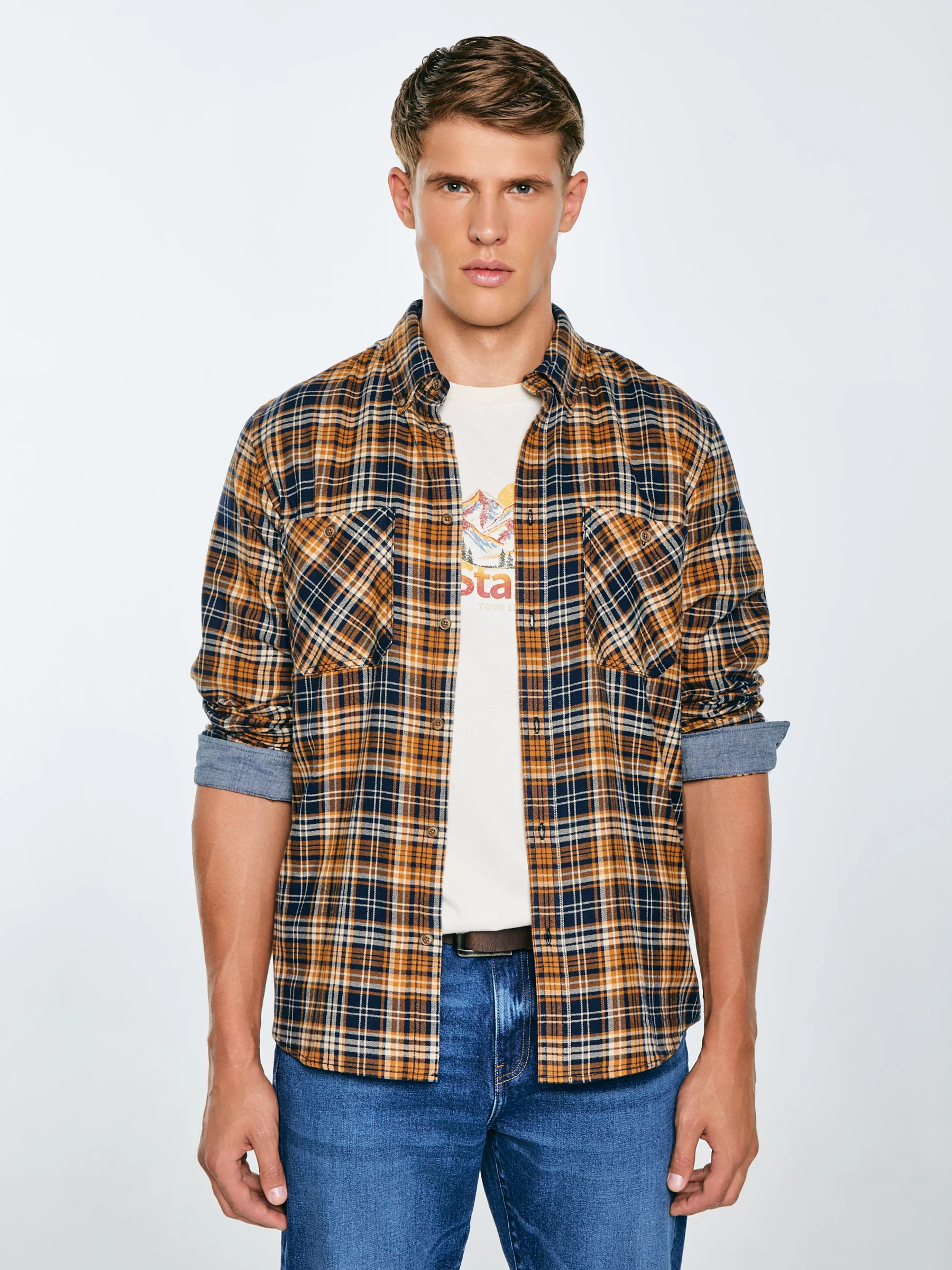 Koszula męska flanelowa w kratę granatowo-pomaraŅczowa Kolisar 403