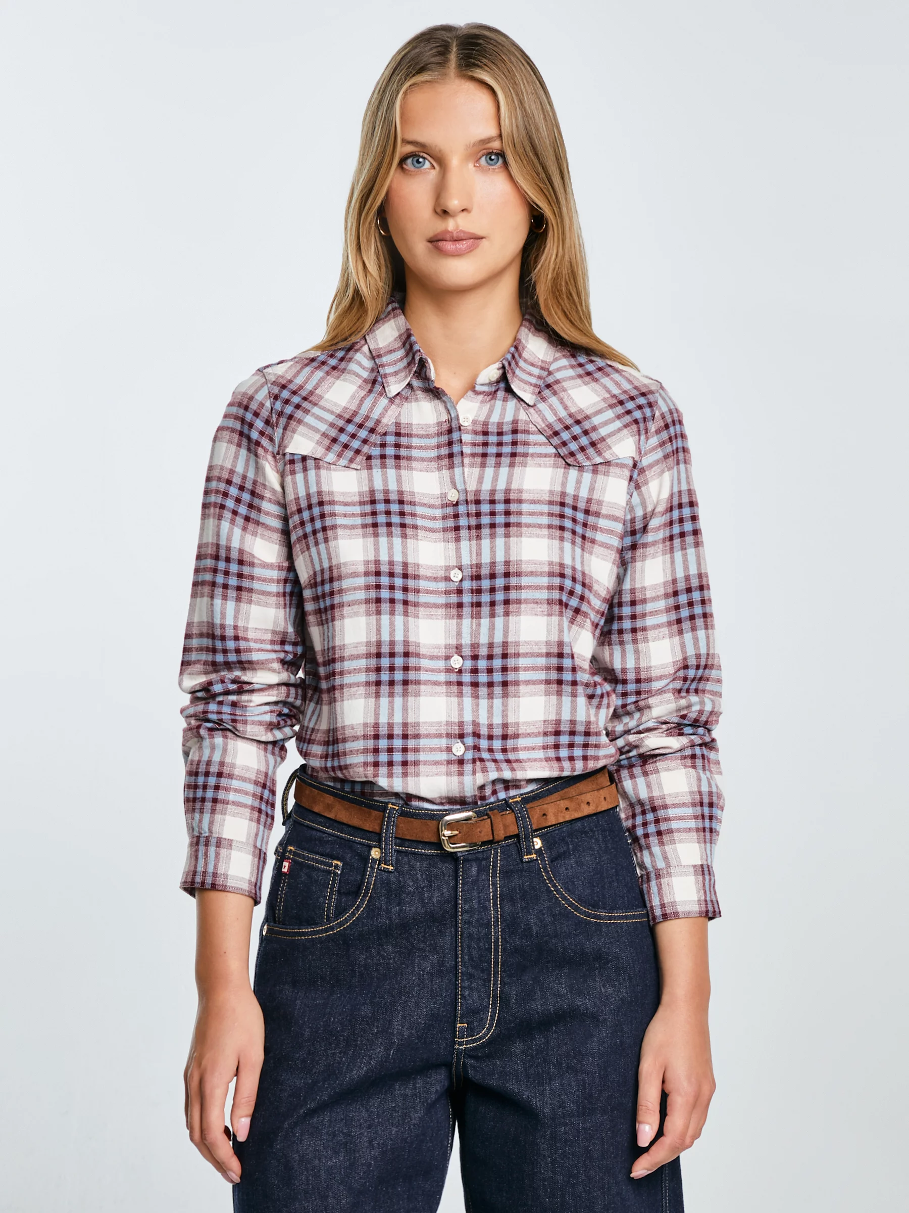 Koszula damska flanelowa z w kratę niebiesko-bordowa Dreni 401