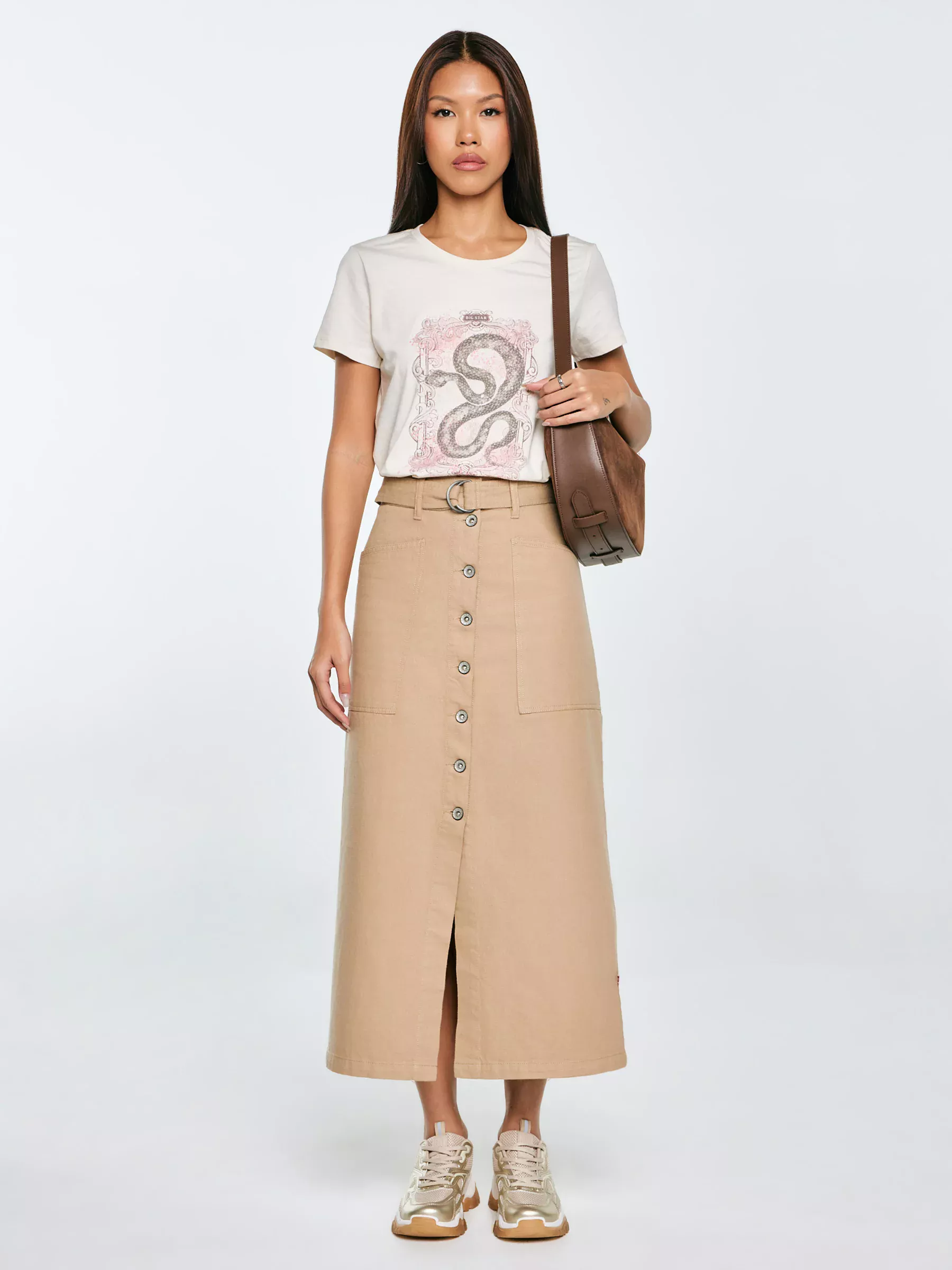 Spódnica damska midi z dodatkiem lnu z ozdobnymi guzikami beżowa Anesa 805