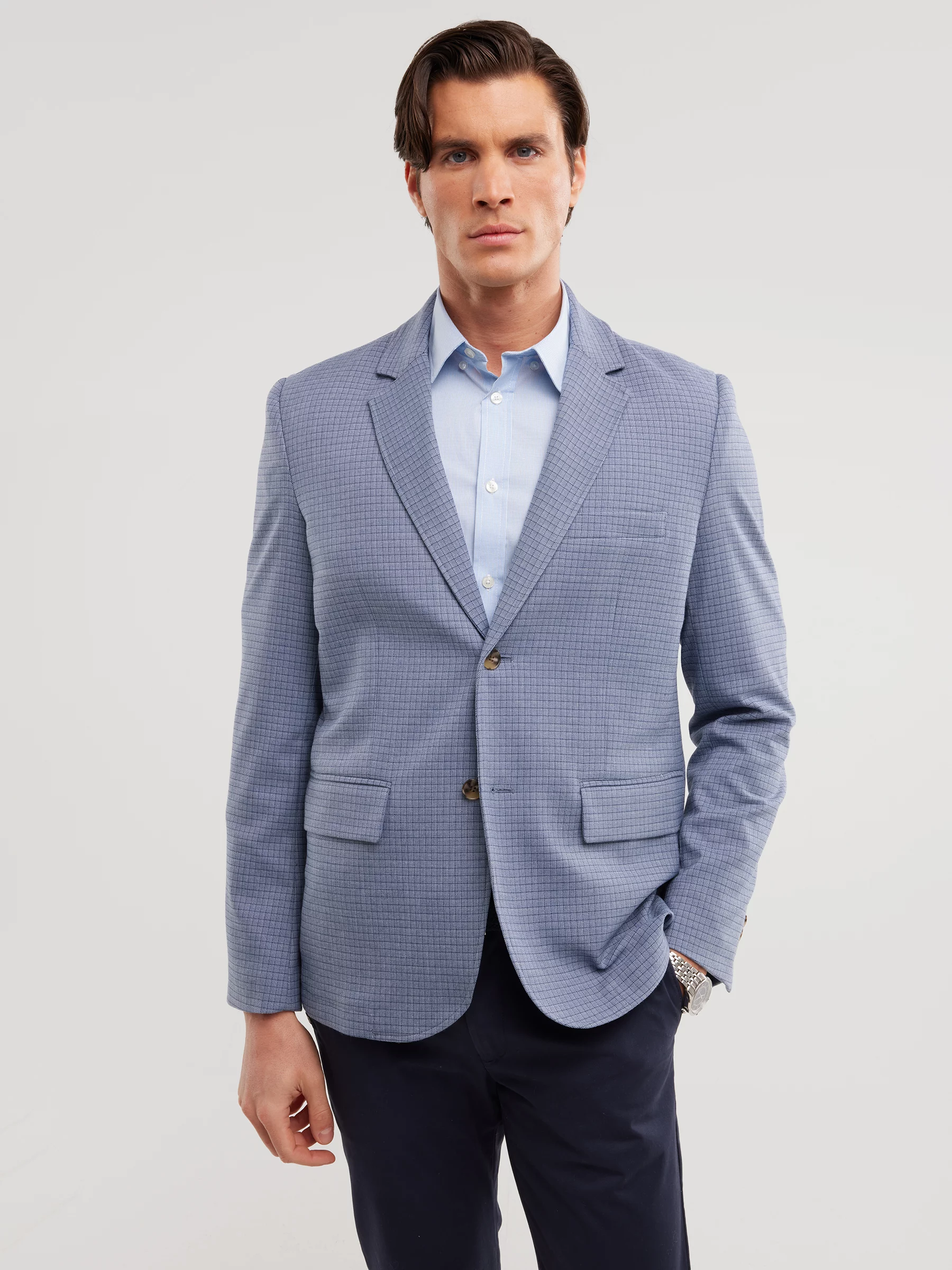 Marynarka męska w delikatną kratę niebieska Gregon 401