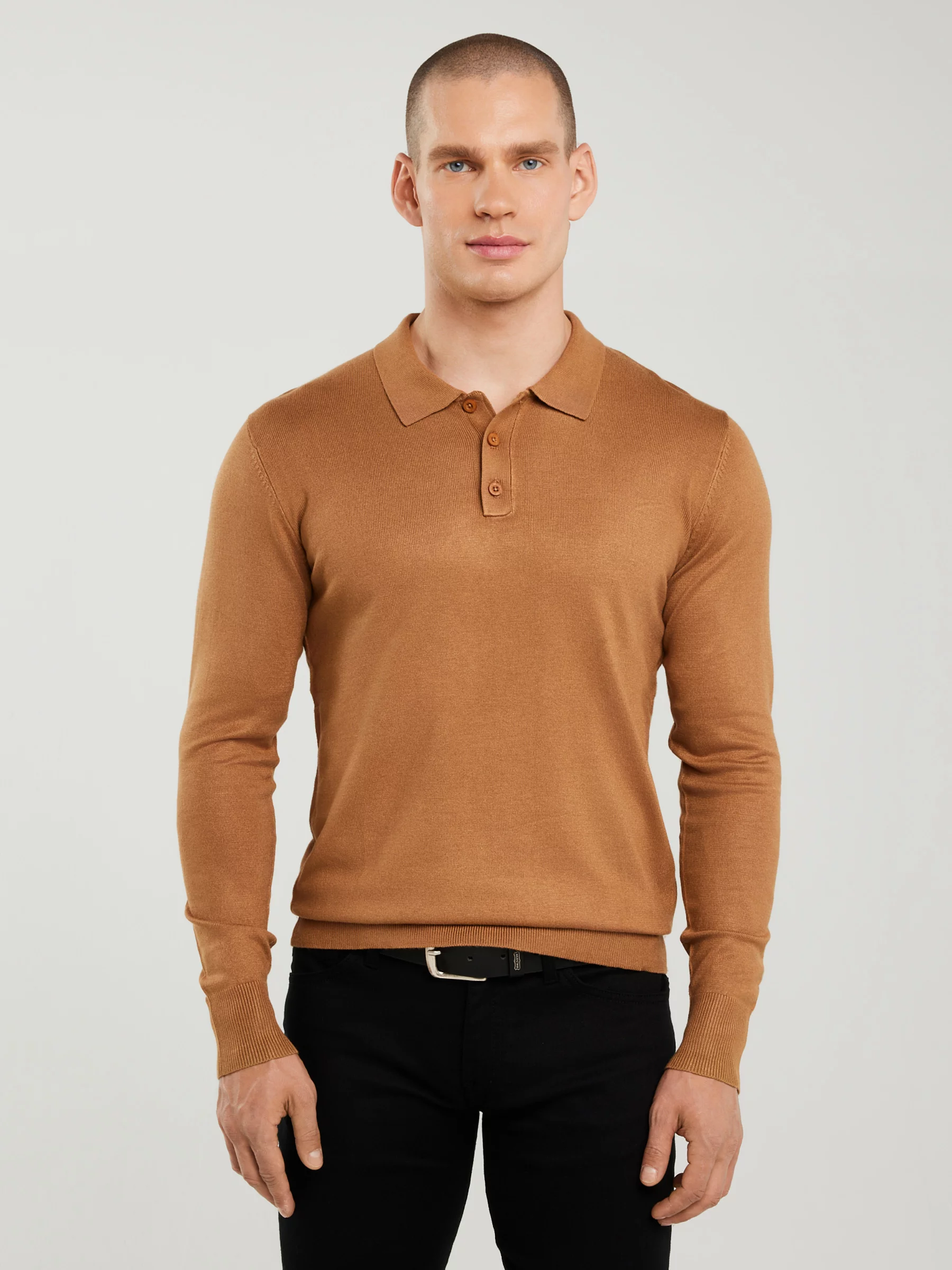 Sweter męski z kołnierzykiem polo brązowy Bradson 802