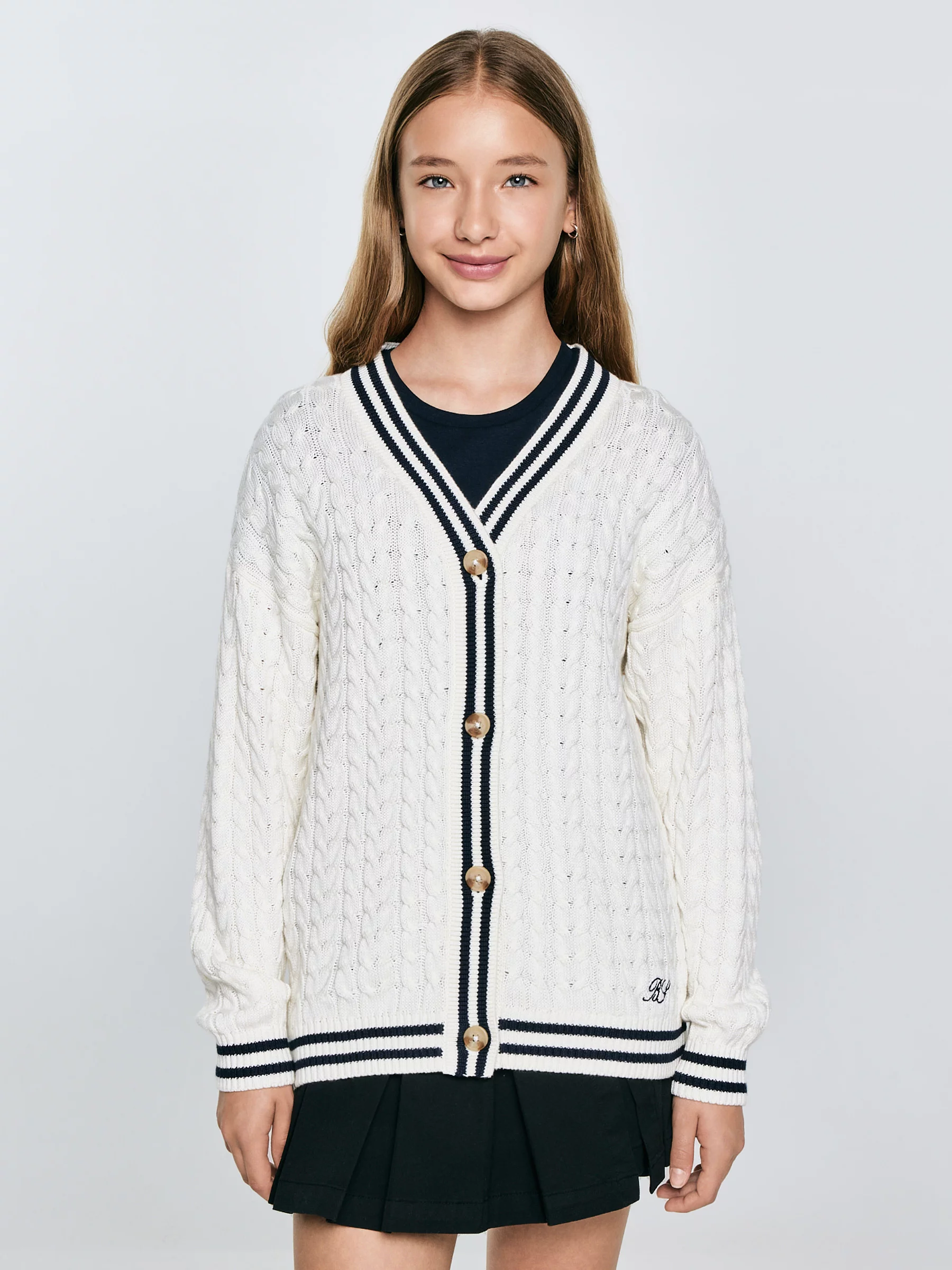 Kardigan dziewczęcy z kontrastowym wykoŅczeniem kremowy Misia 102