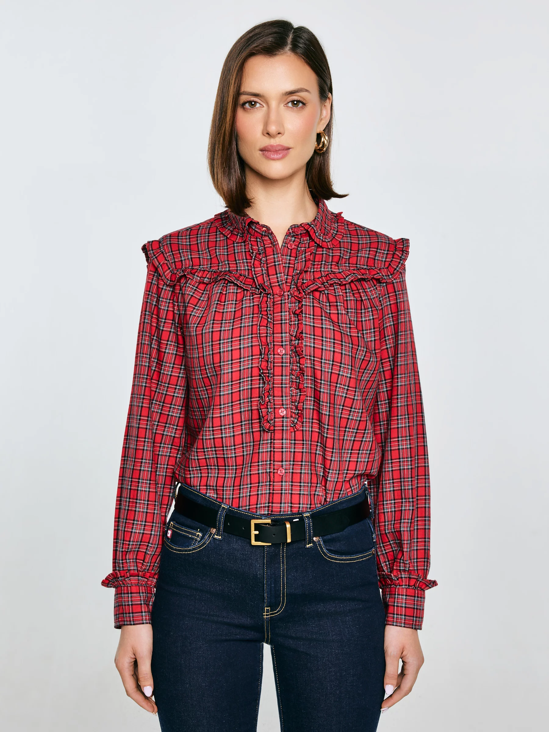 Koszula damska w kratę z ozdobnymi falbankami czerwona Frilo 000