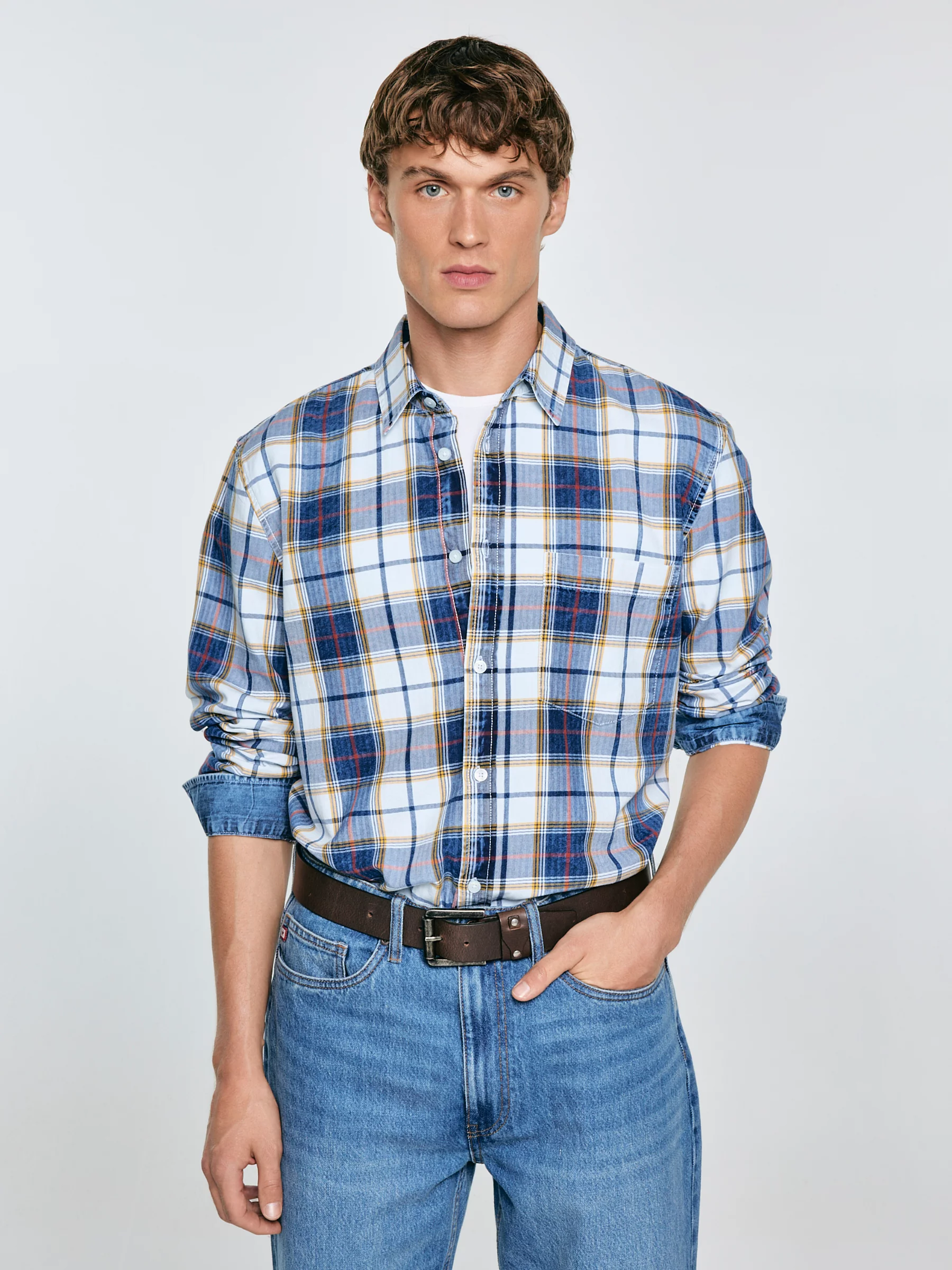 Koszula męska bawełniana w kratę niebiesko-biała Merowi 401