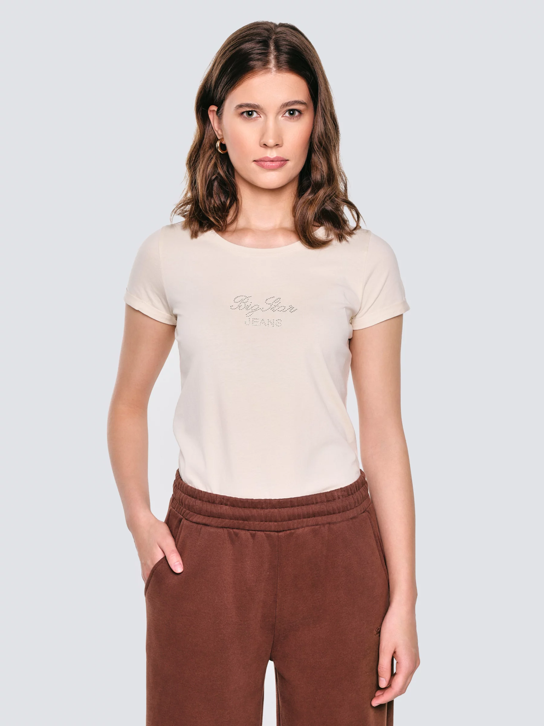 Koszulka damska z napisem z cyrkonii kremowa Malvina 103