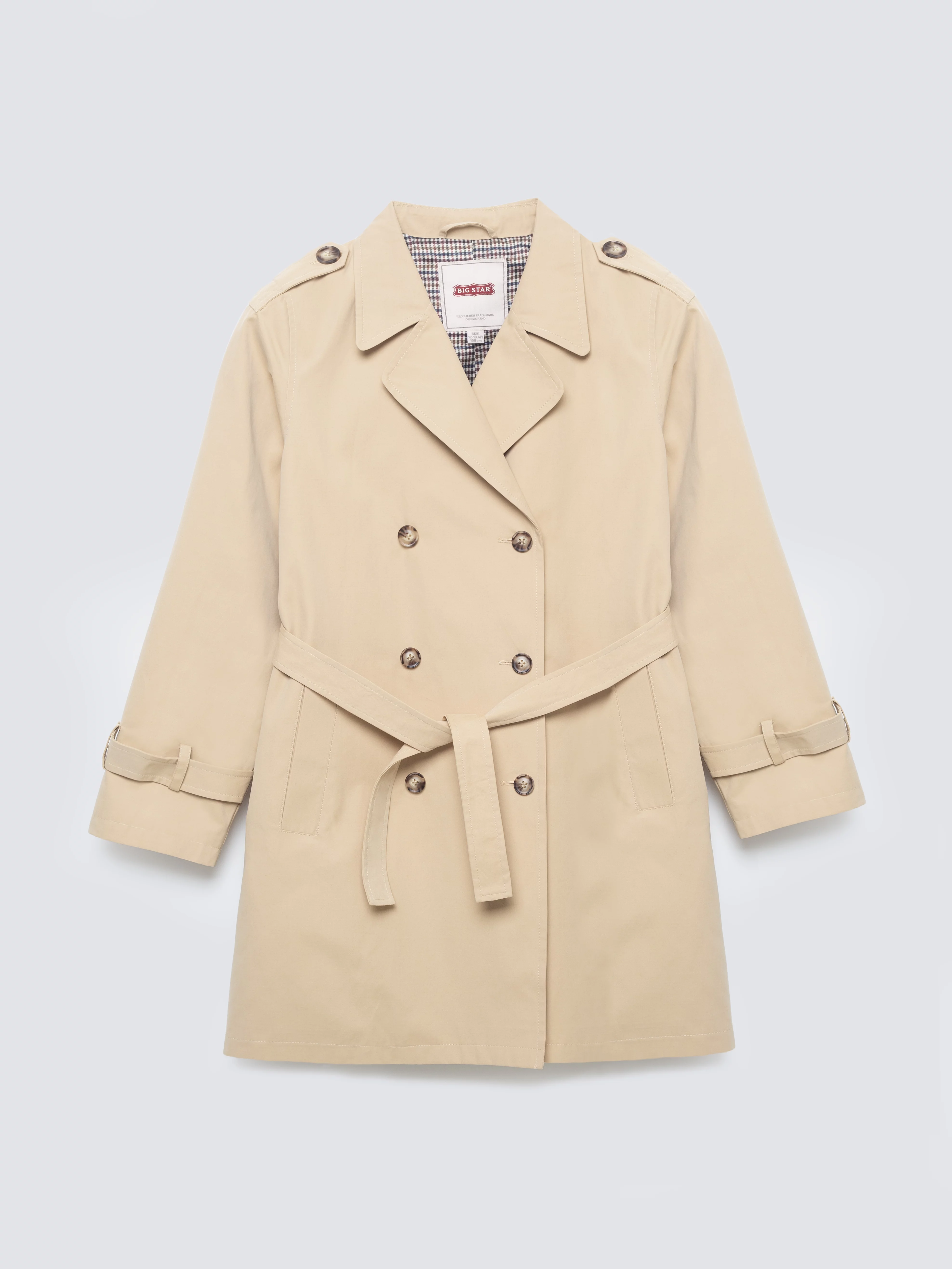 Trencz dziewczęcy dwurzędowy wiązany beżowy Eliska 801