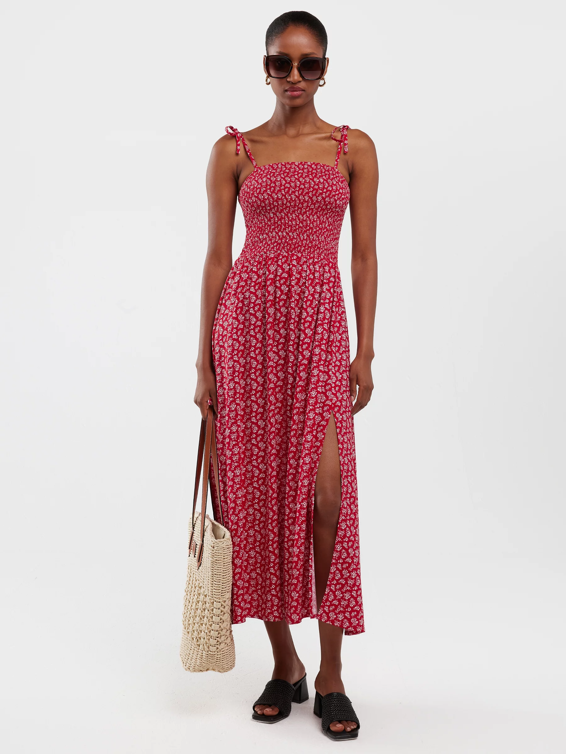 Sukienka damska midi z wiskozy na ramiączkach z motywem kwiatowym czerwona Lamboni 603