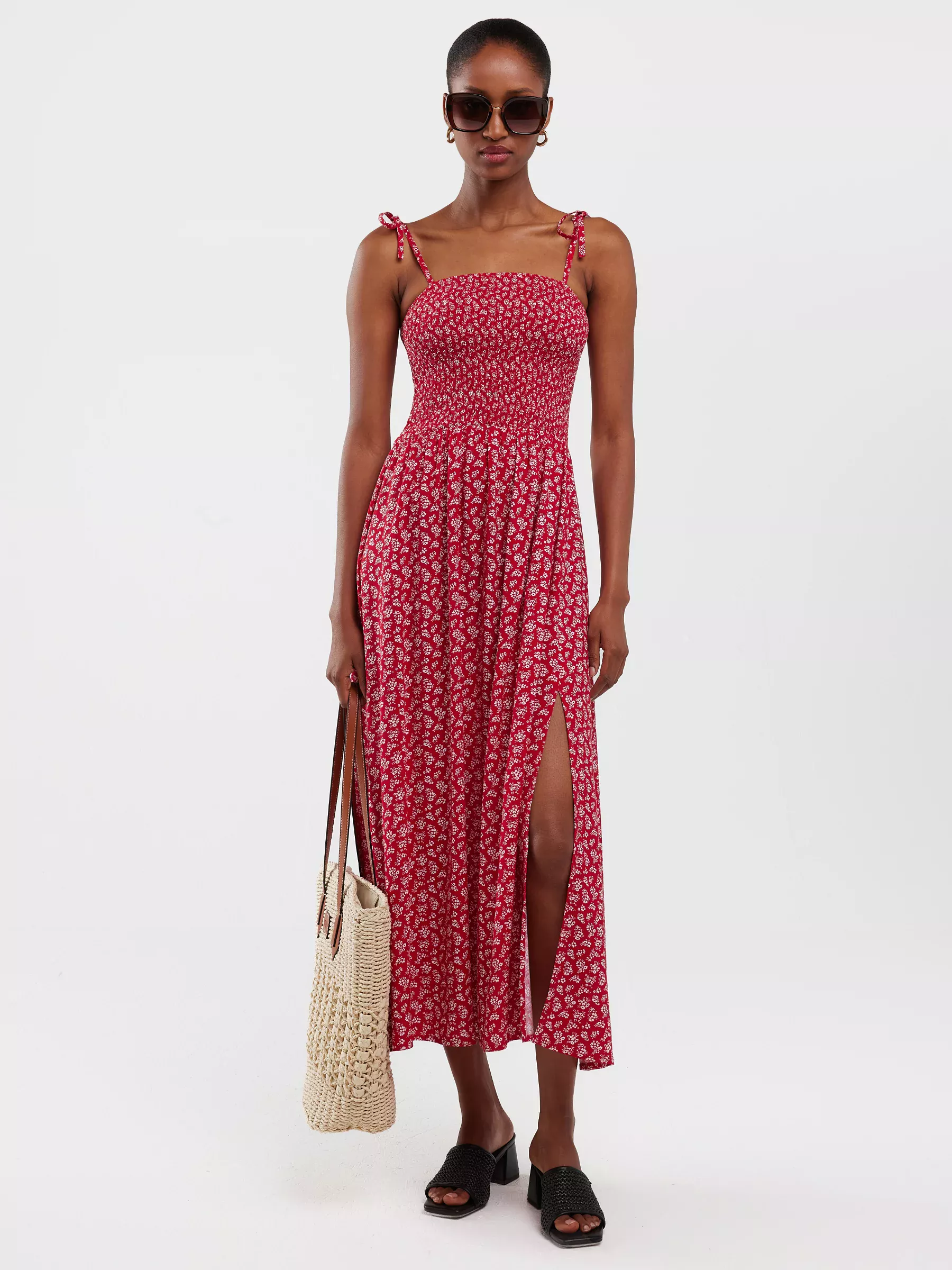 Sukienka damska midi z wiskozy na ramiączkach z motywem kwiatowym czerwona Lamboni 603