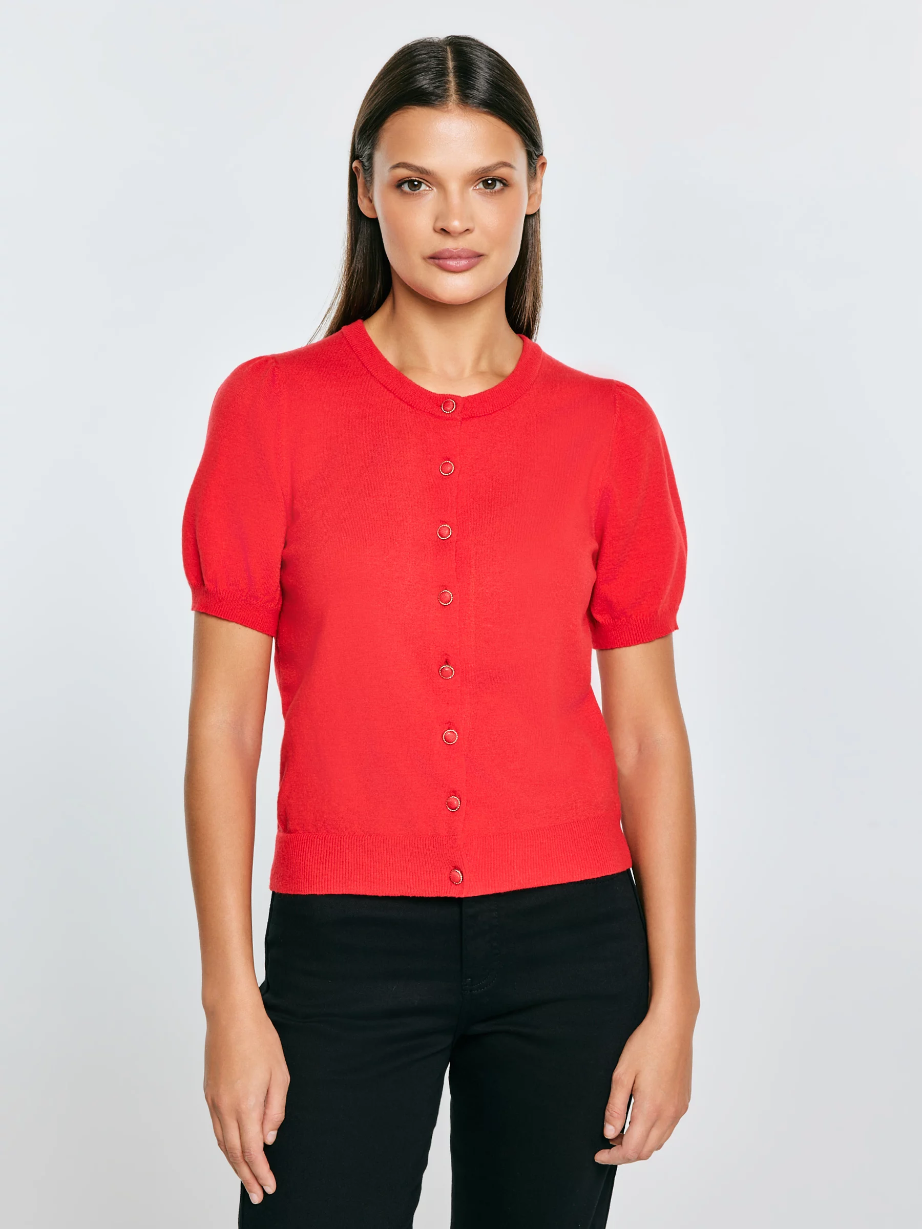 Sweter damski zapinany na guziki z krótkim rękawem czerwony Manona 603