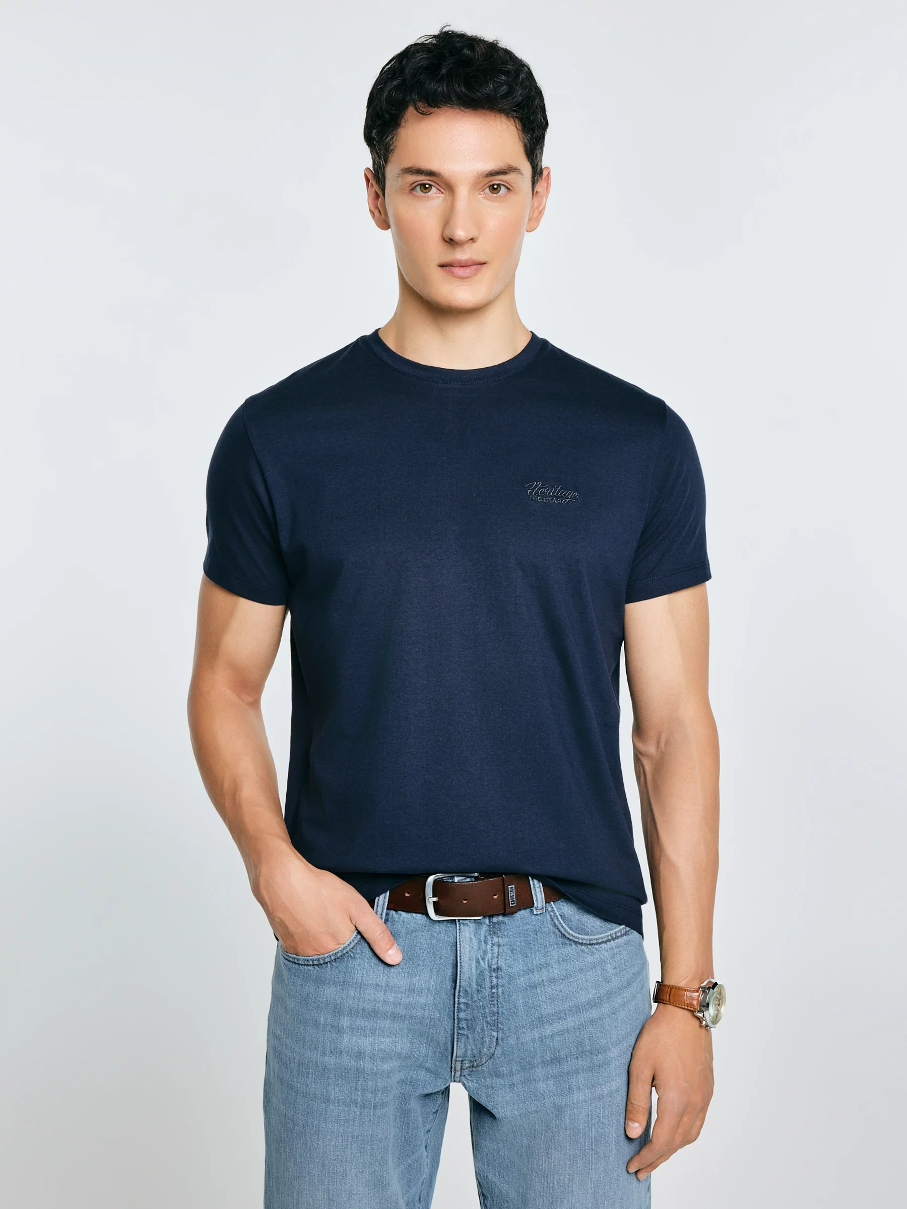 Koszulka męska z nadrukiem na piersi granatowa Serer 403