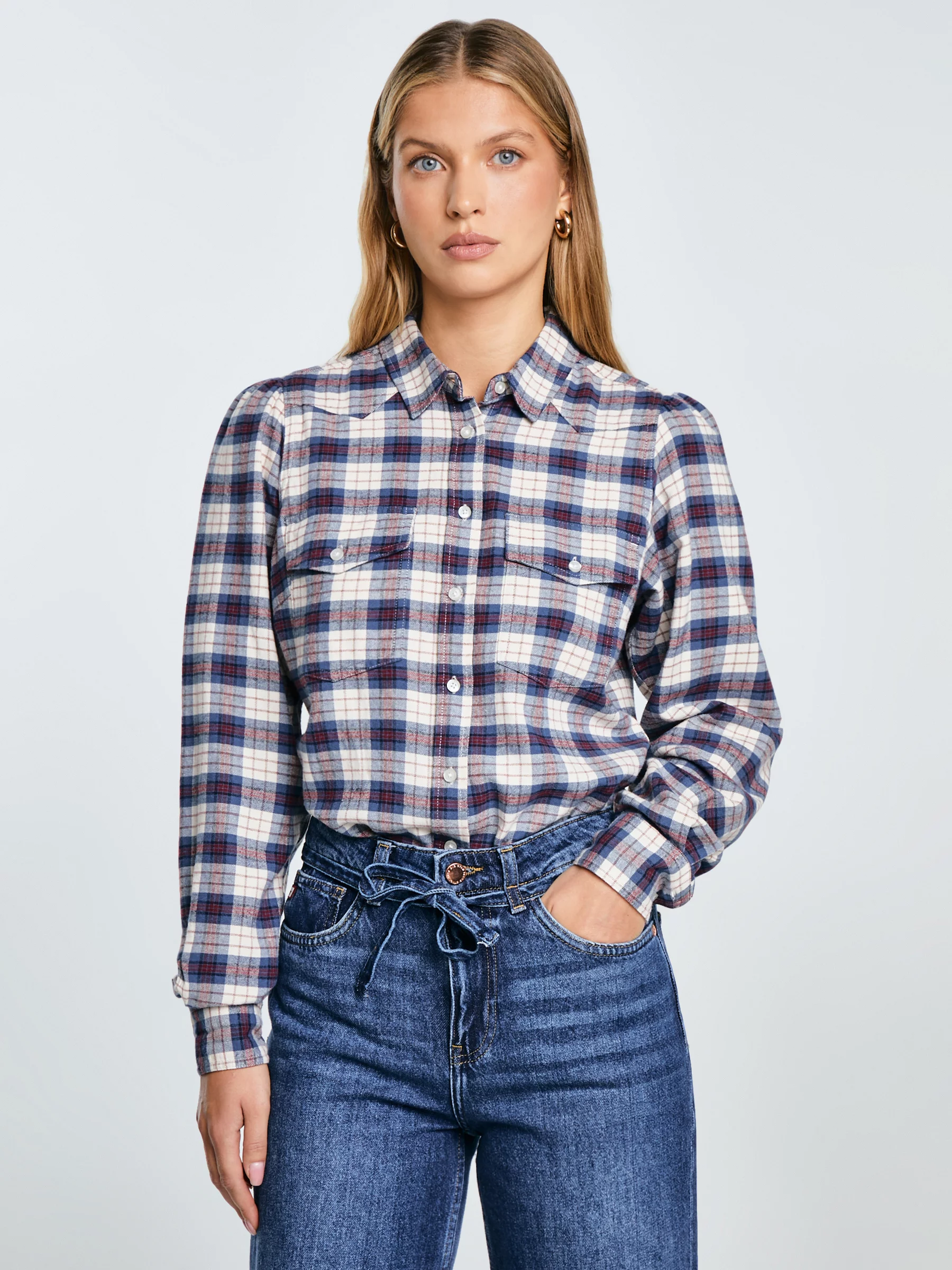 Koszula damska flanelowa w krate granatowo-beżowa Indina 401