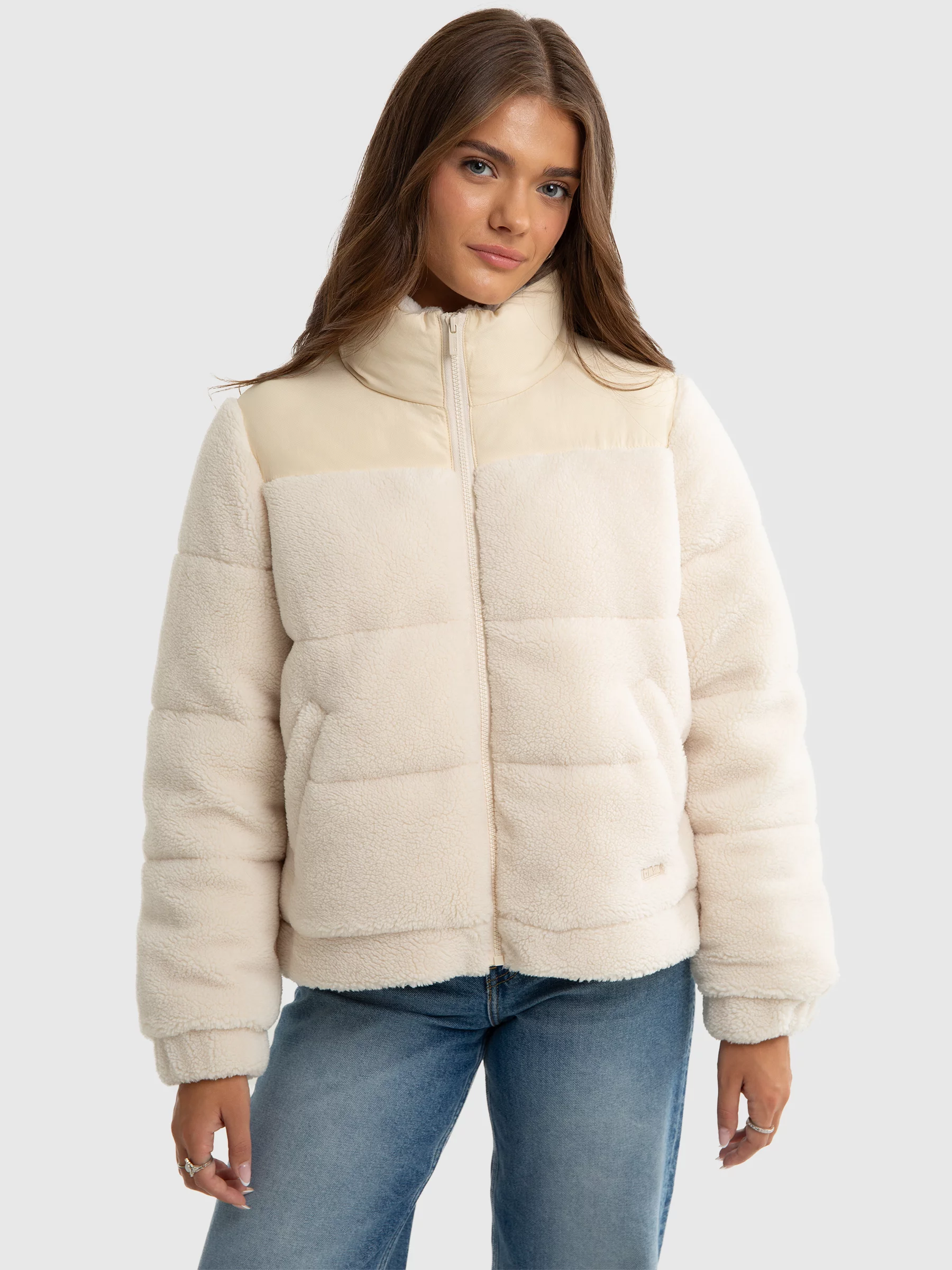 Kurtka dziewczęca z wysokim kołnierzem kremowa Teddi 103