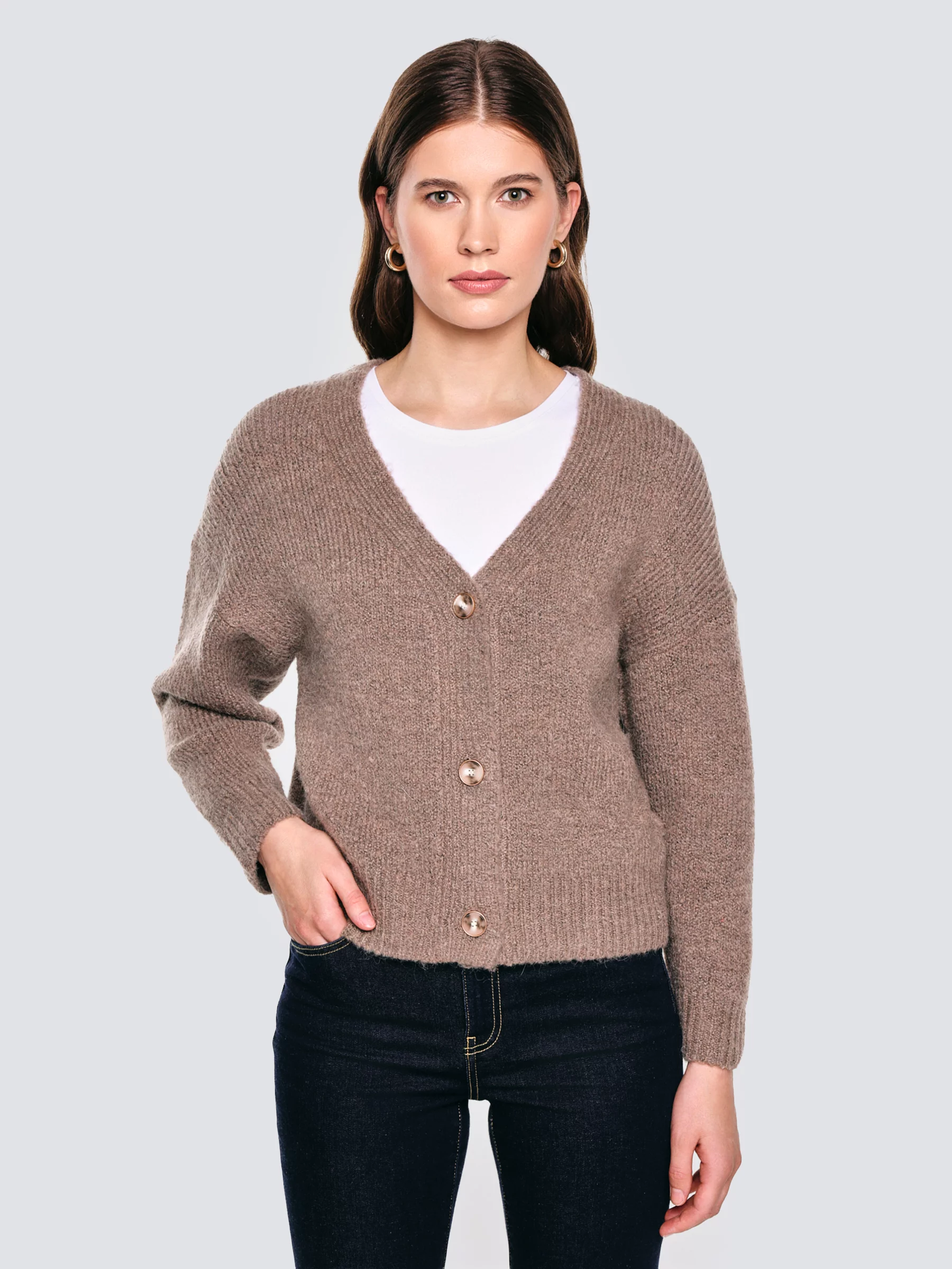 Kardigan damski z dodatkiem wełny brązowy Kardila 804