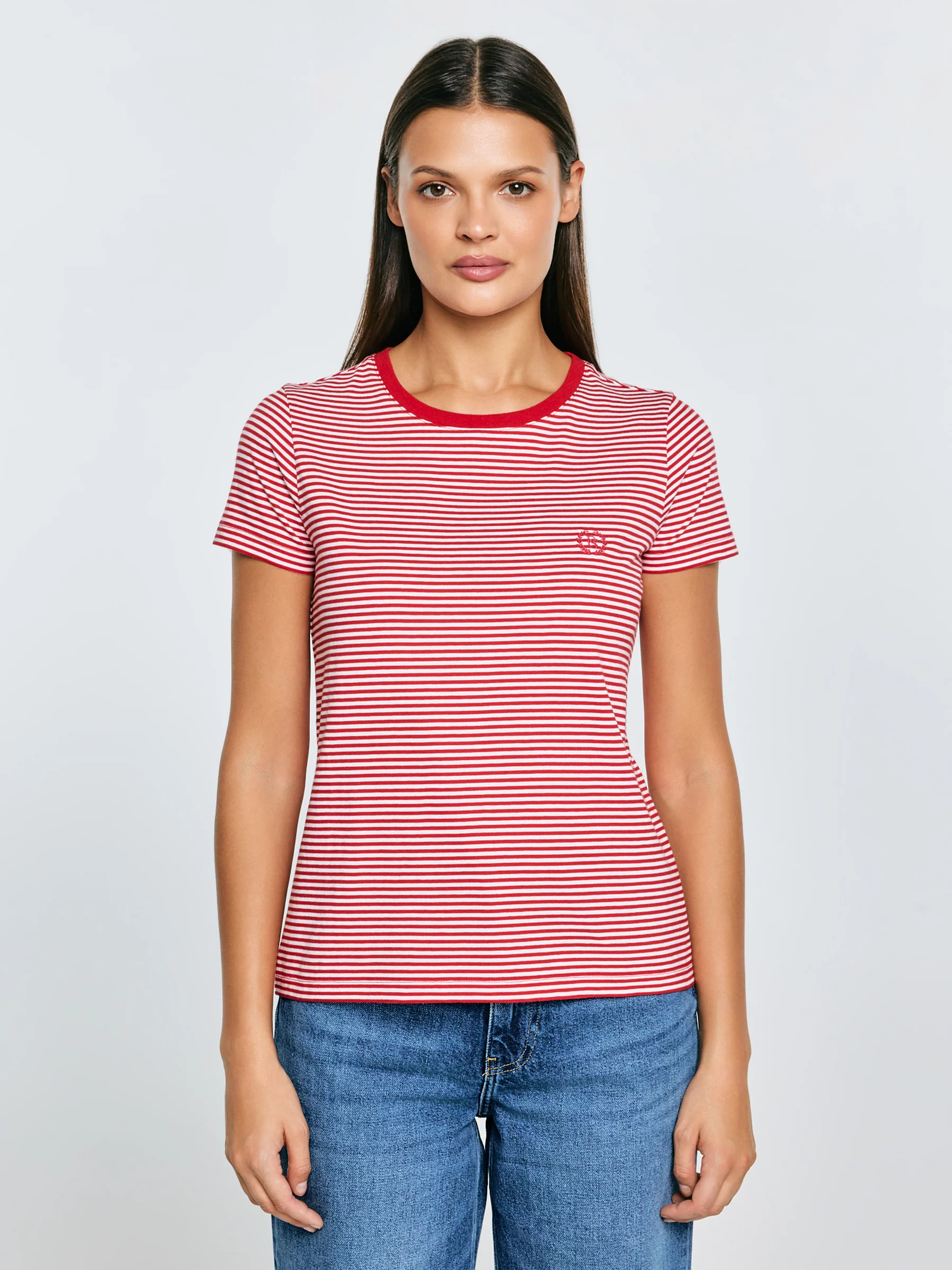 Koszulka damska w paski z haftem czerwona Zenaisa 603