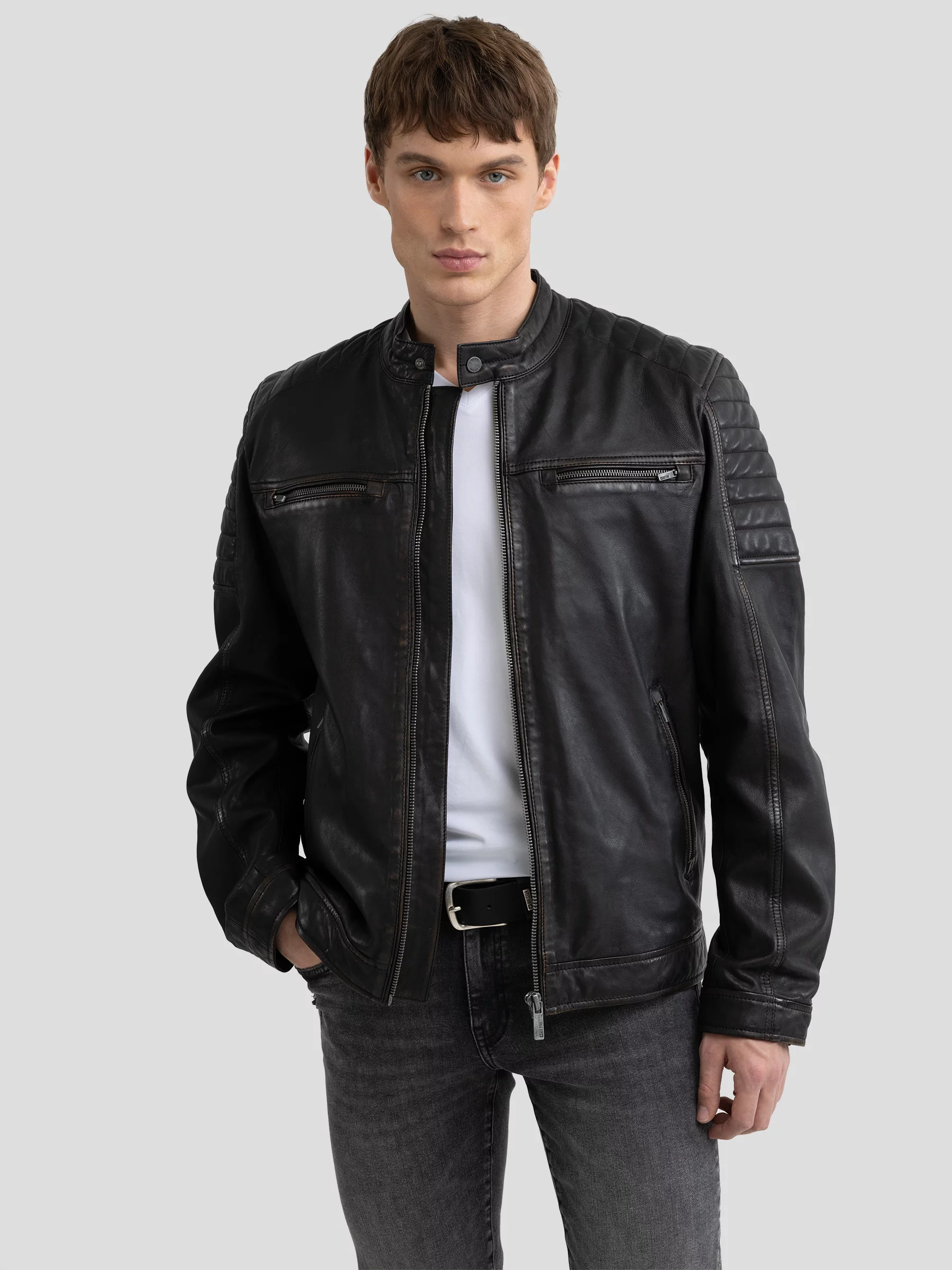 Kurtka męska biker skórzana czarna Hideo 906