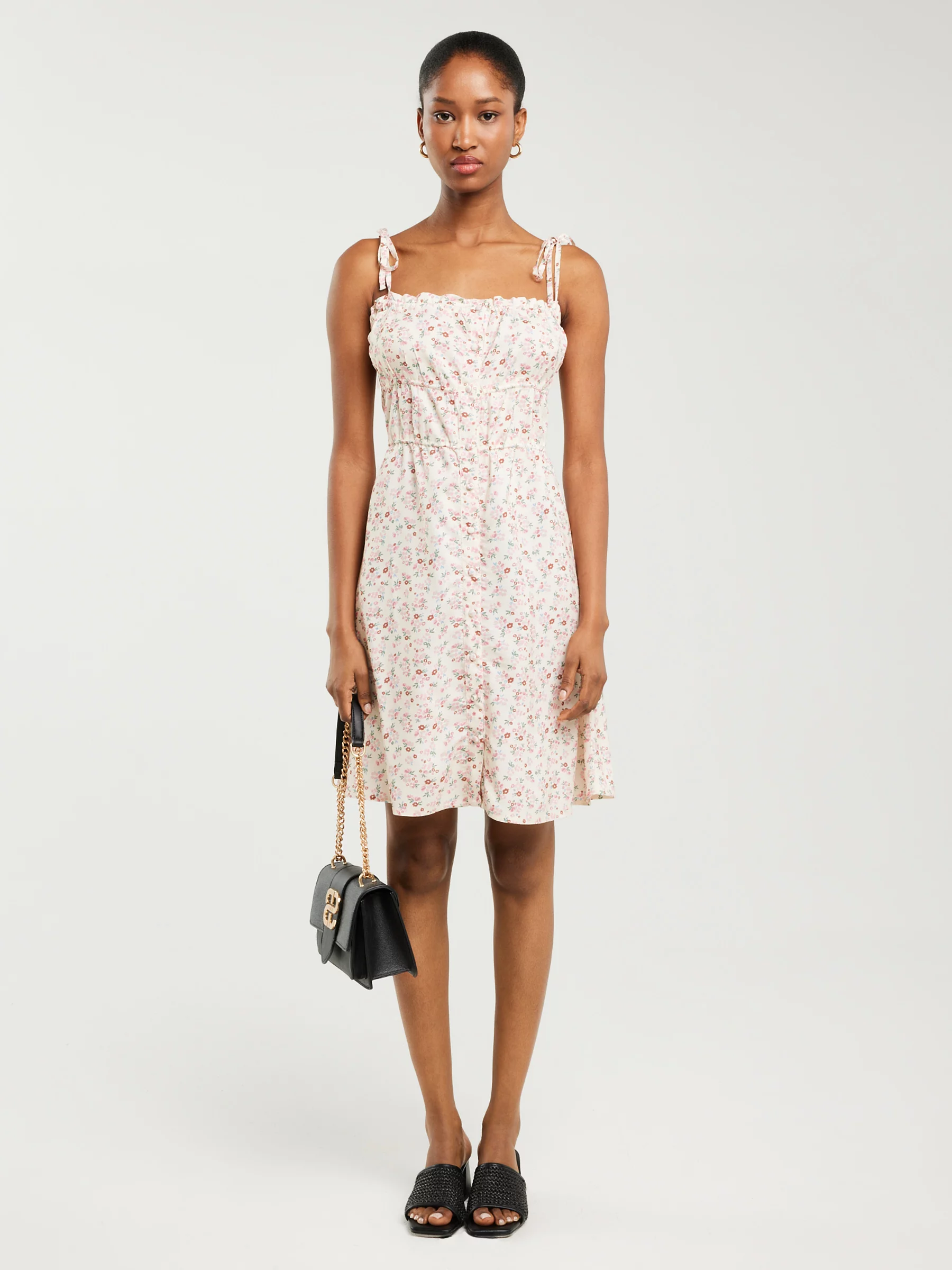 Sukienka damska mini z wiskozy z motywem kwiatowym kremowa Casie 102