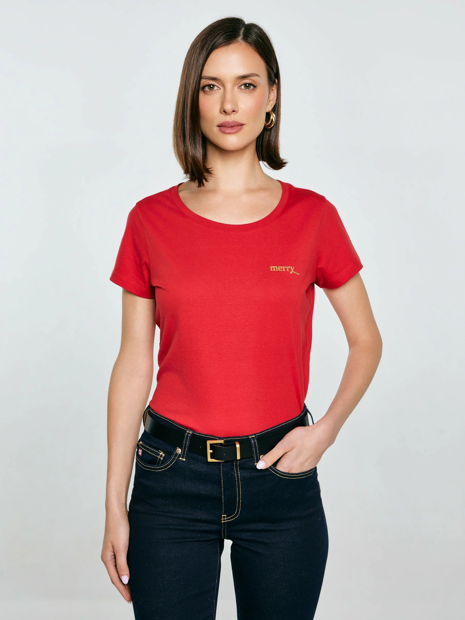 Koszulka damska z brokatowym nadrukiem czerwona Merra 603