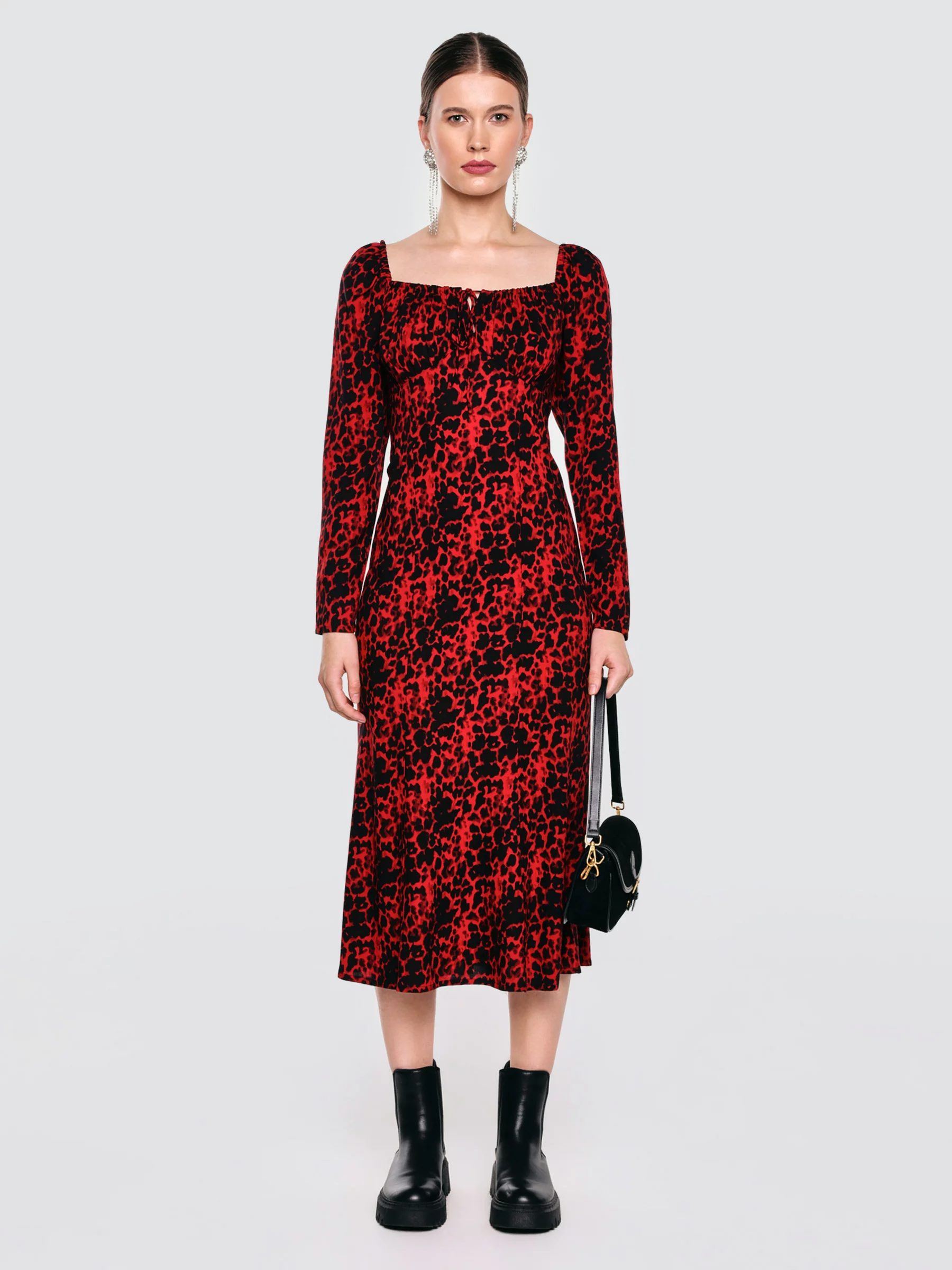 Sukienka damska midi z wiskozy z nadrukiem czerwono-czarna Kiara 603