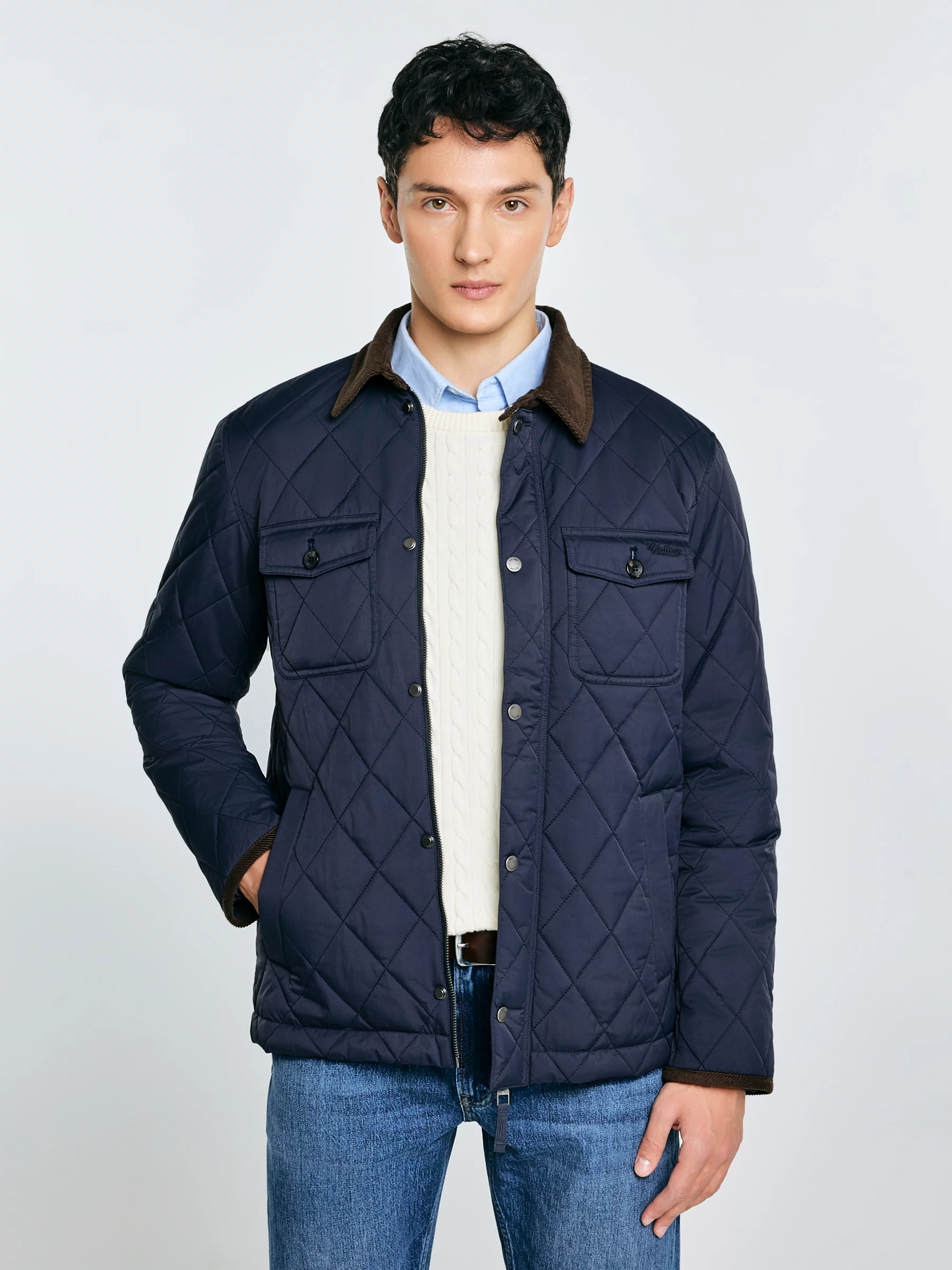 Kurtka męska pikowana ze sztruksowym kołnierzem granatowa Antwan 403