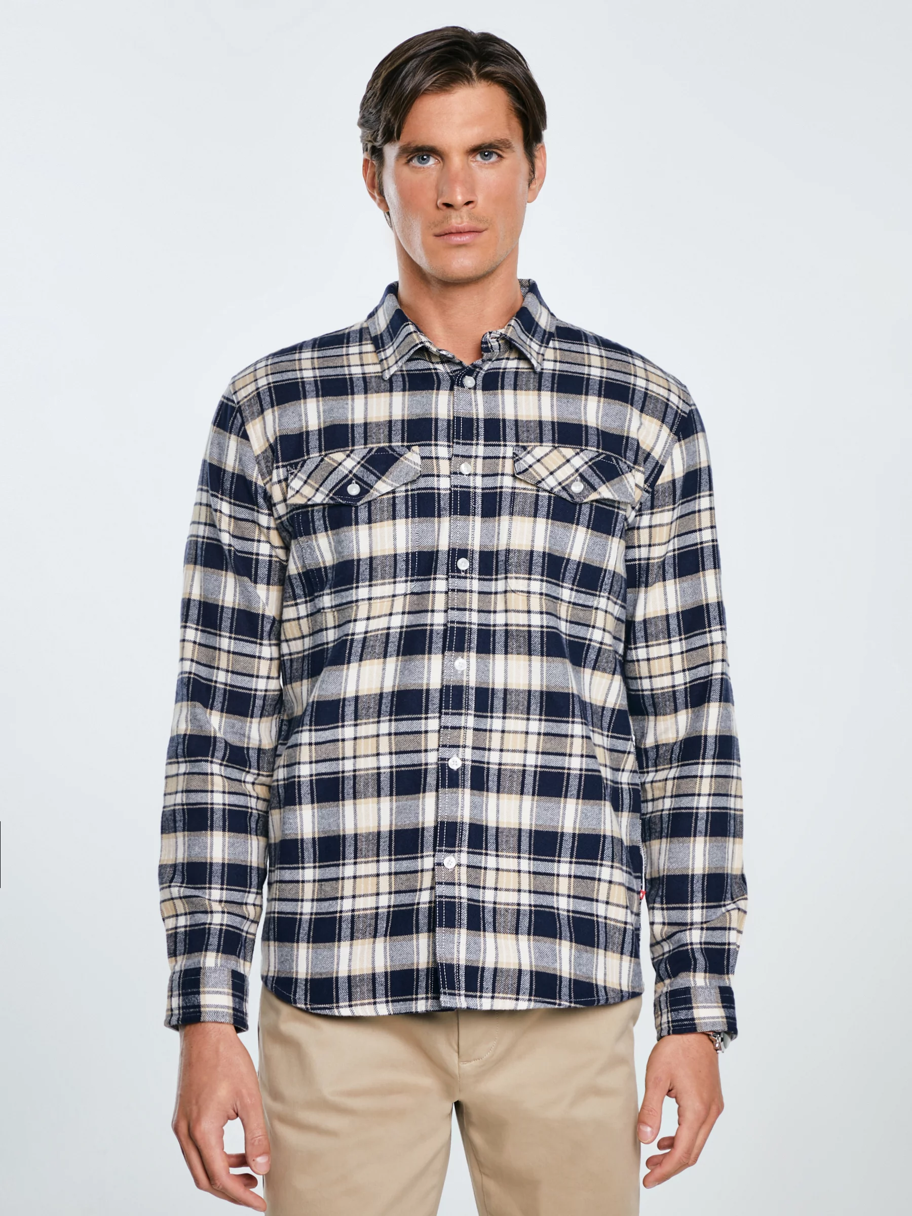 Koszula męska flanelowa w kratę beżowo-granatowa Kolisero 801
