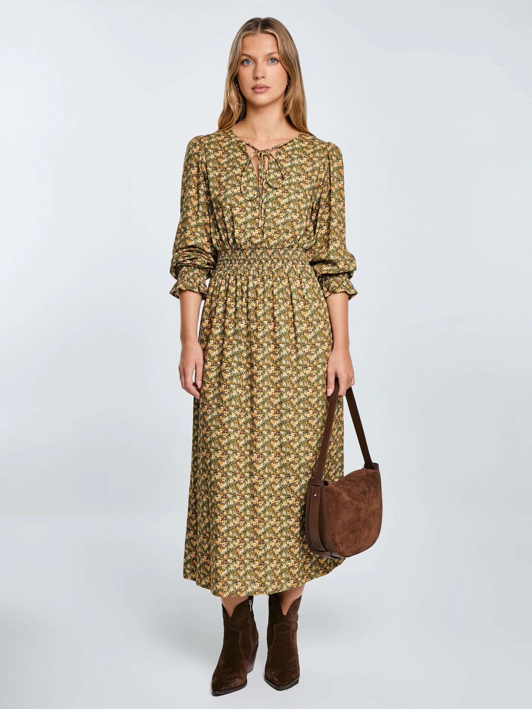 Sukienka damska midi z wiskozy z motywem kwiatowym żółta Londa 201