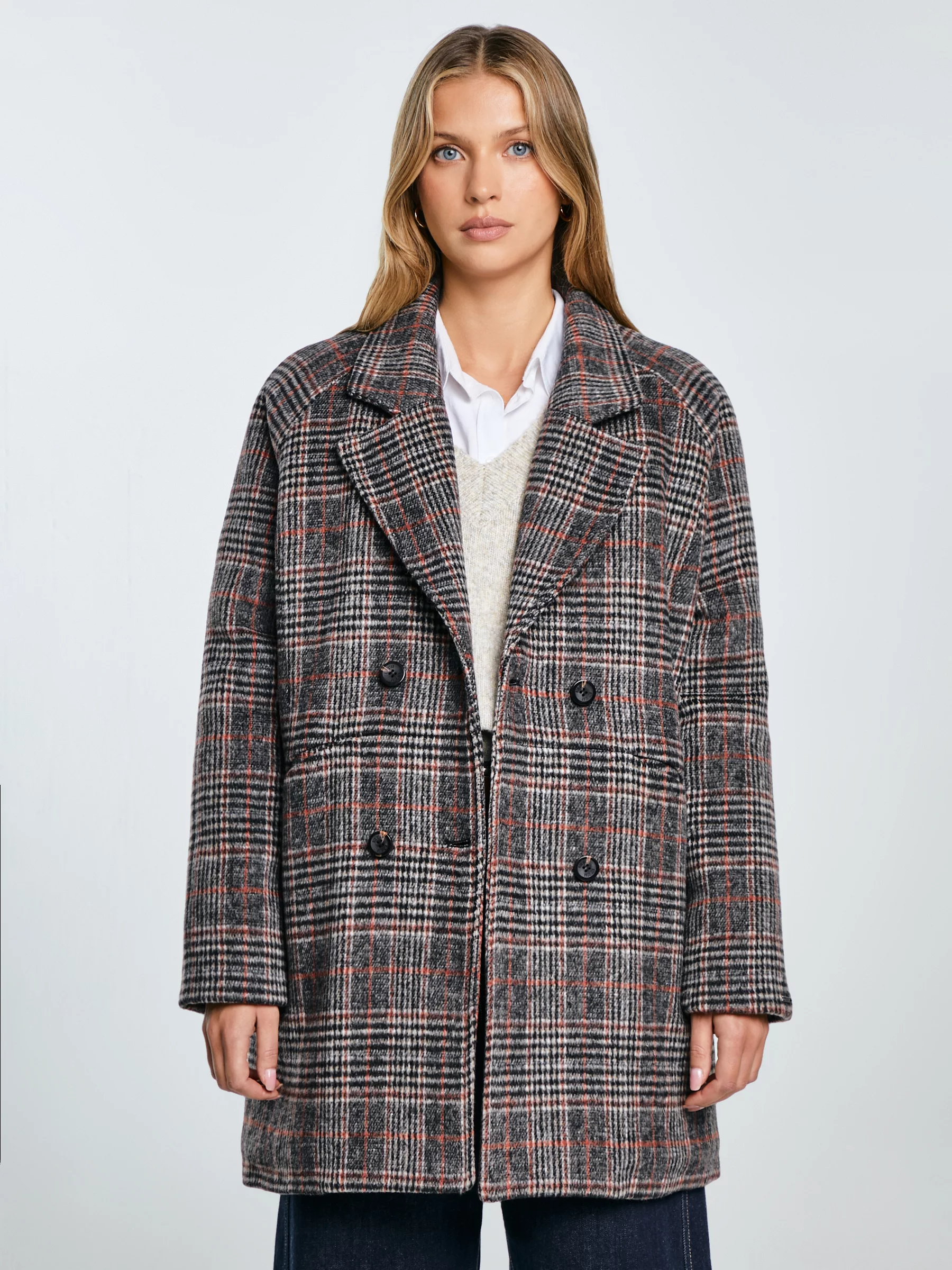 Płaszcz damski z dodatkiem wełny kratę szary Ariela 000