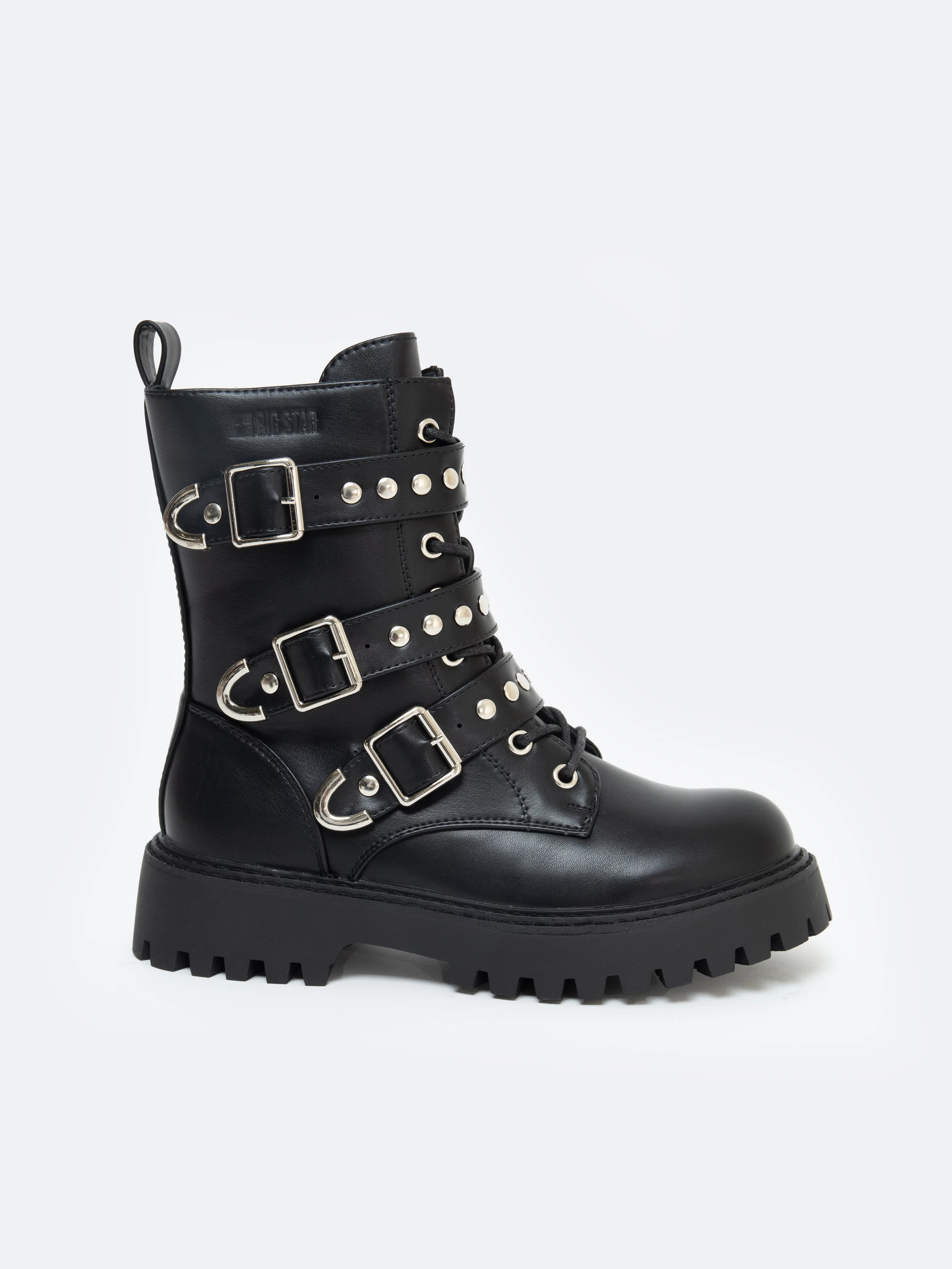 Trapery damskie ze skóry ekologicznej z ozdobnymi ćwiekami czarne OO274707 906