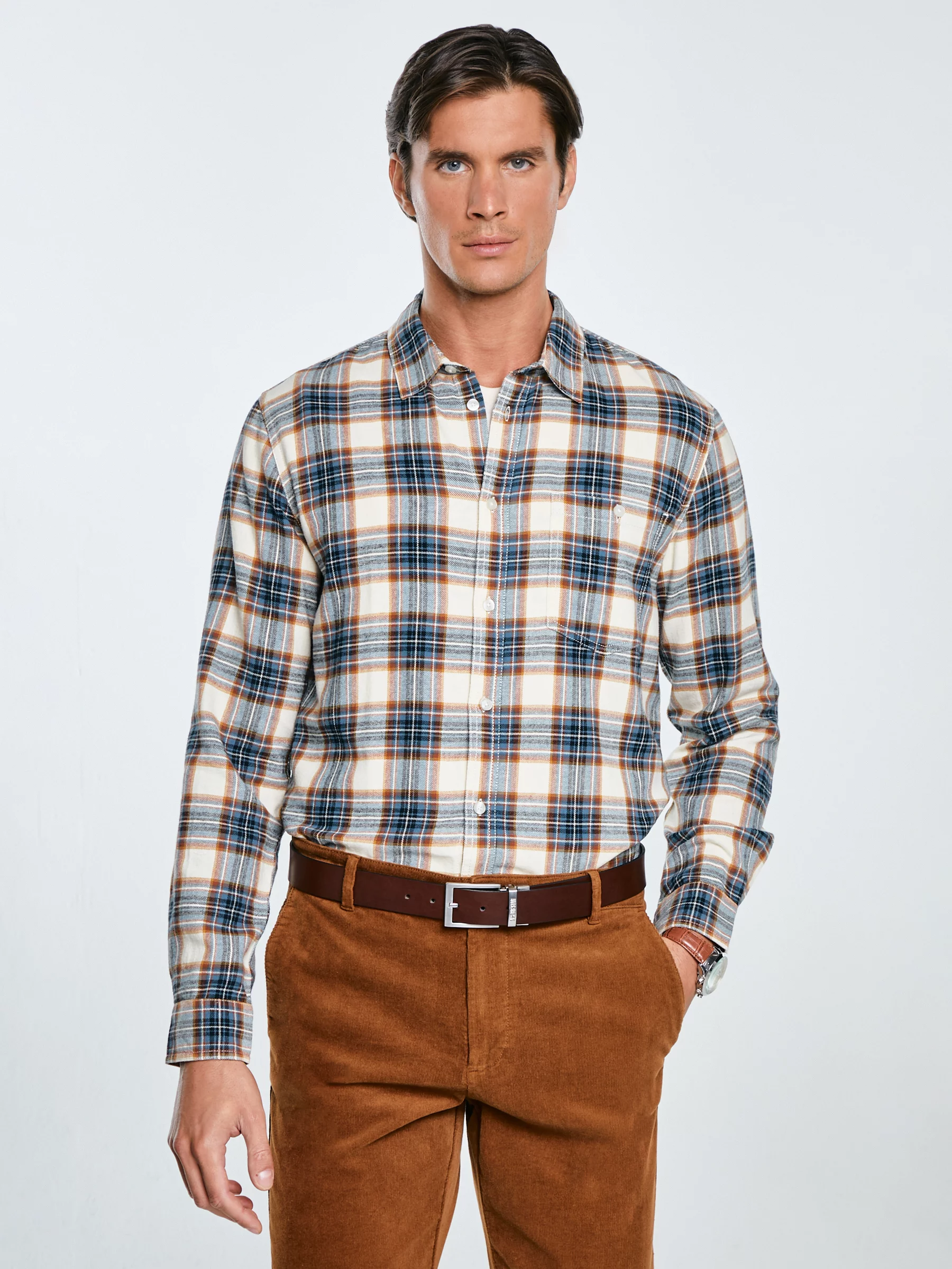 Koszula męska flanelowa w kratę niebieska Flaneno 401