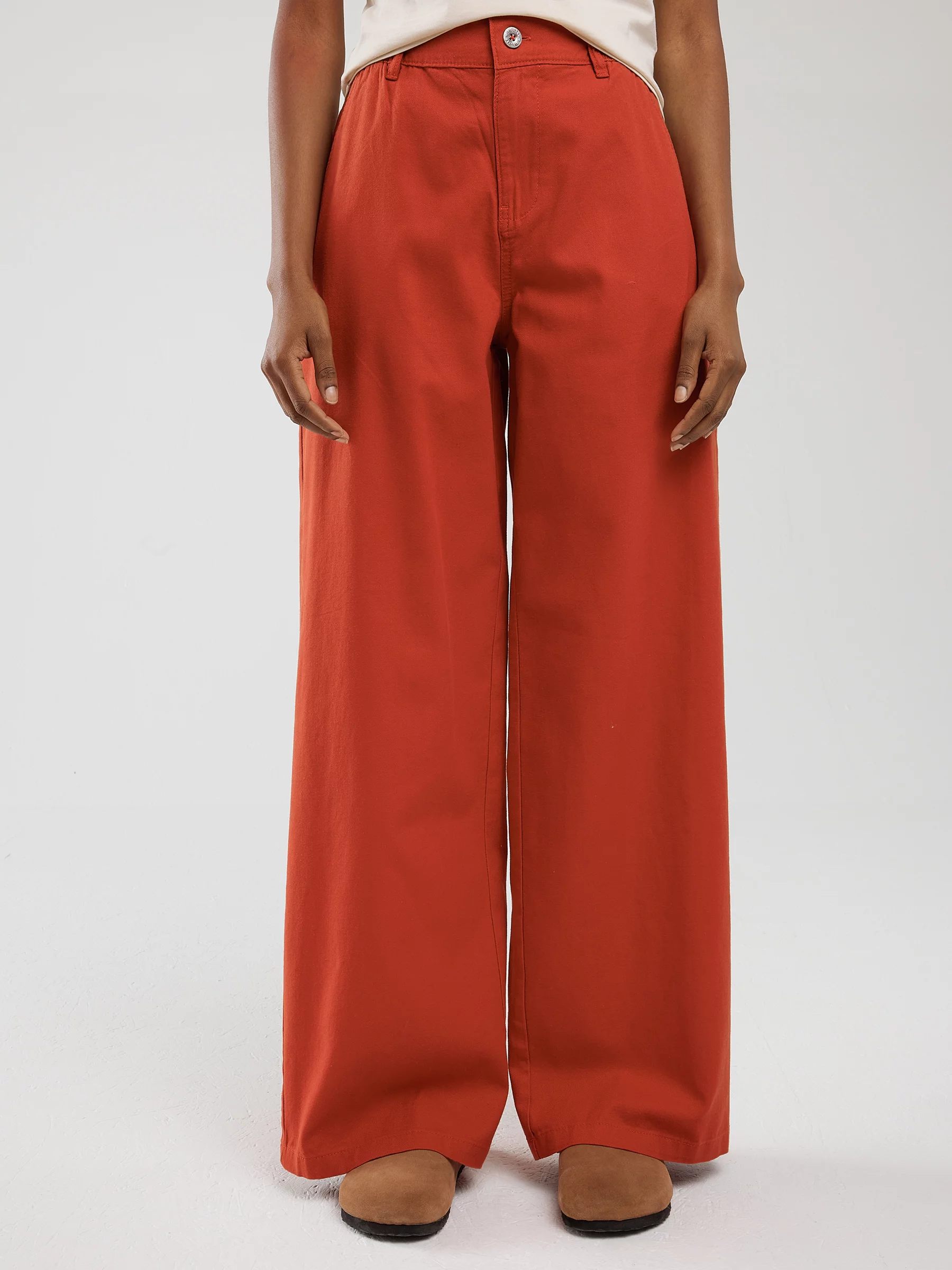 Spodnie damskie z szeroką nogawką z dodatkiem lnu ceglano-czerwone Malu 704