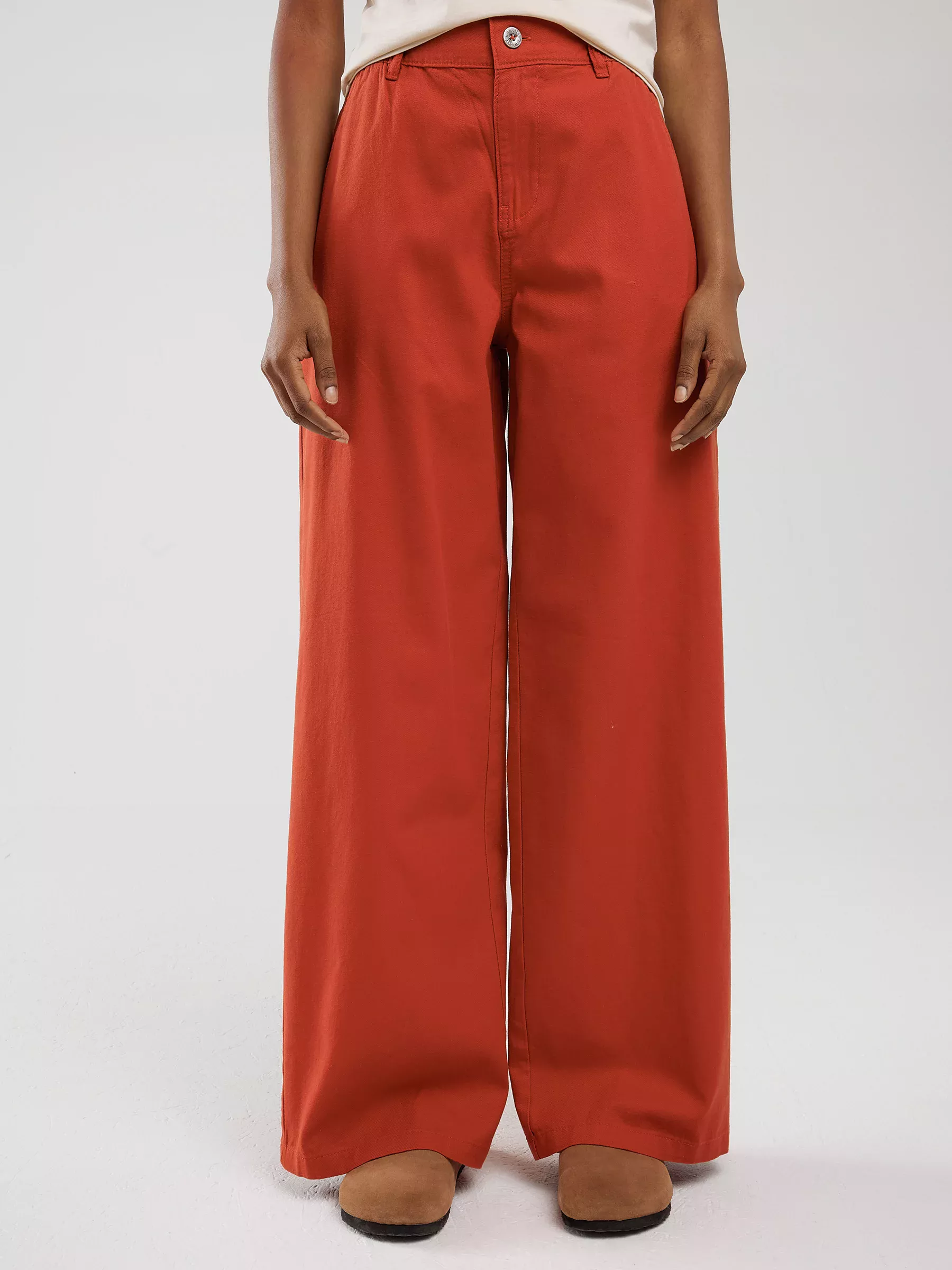 Spodnie damskie z szeroką nogawką z dodatkiem lnu ceglano-czerwone Malu 704