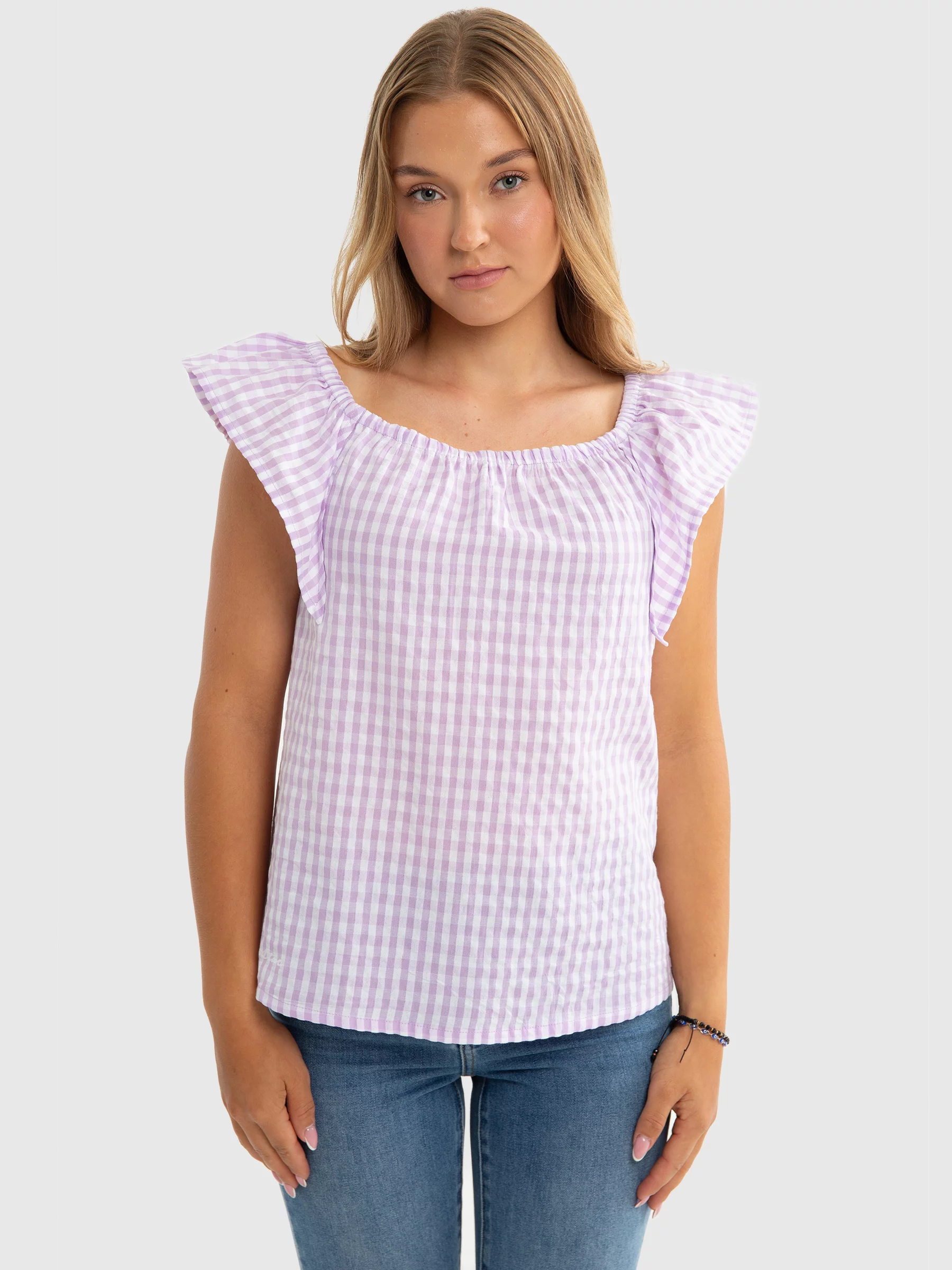 Bluzka dziewczęca ze strukturalnej tkaniny w kratkę fioletowa Kinga 500