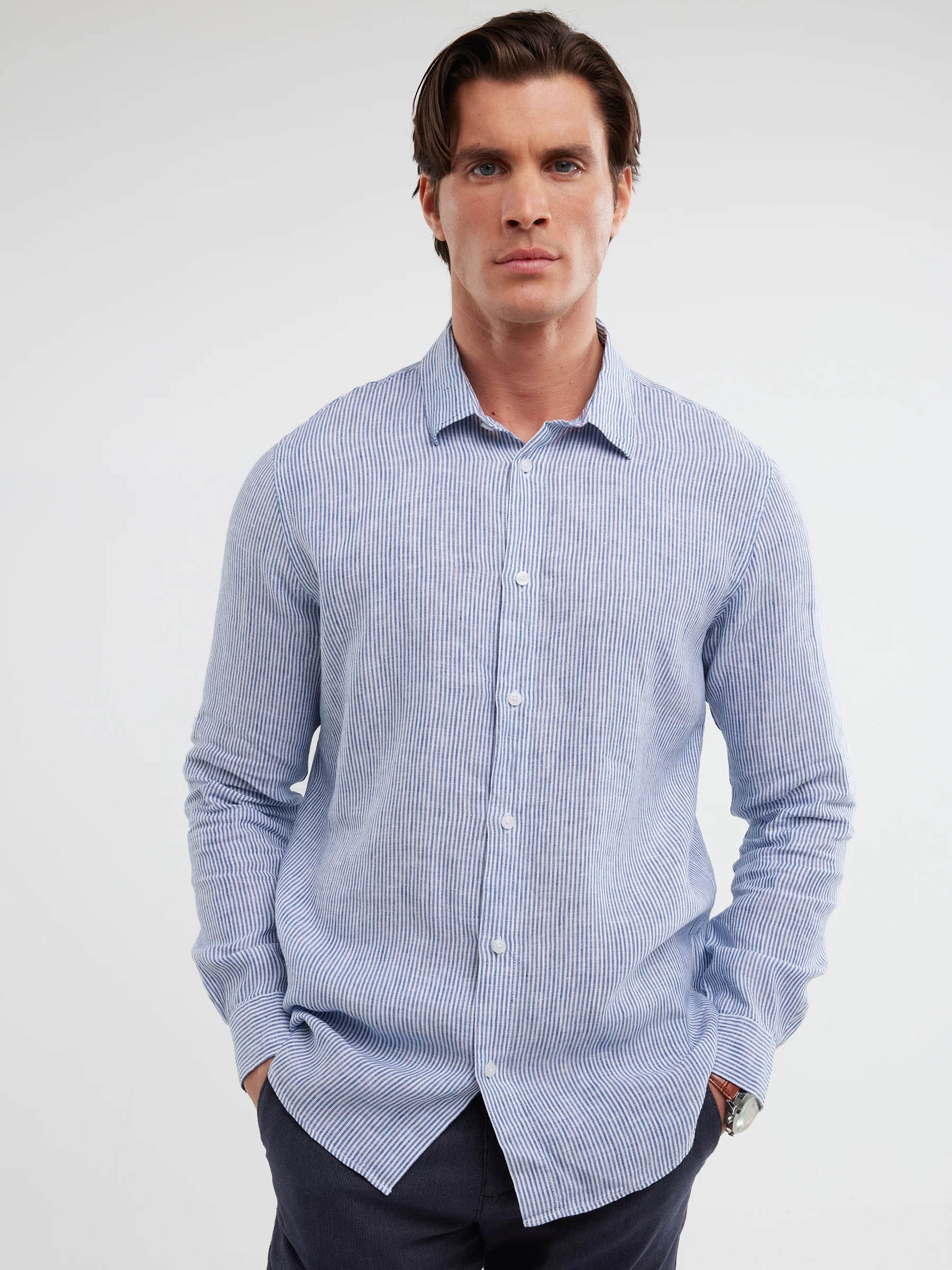 Lniana koszula męska w prążek niebieska Malekiwo 402