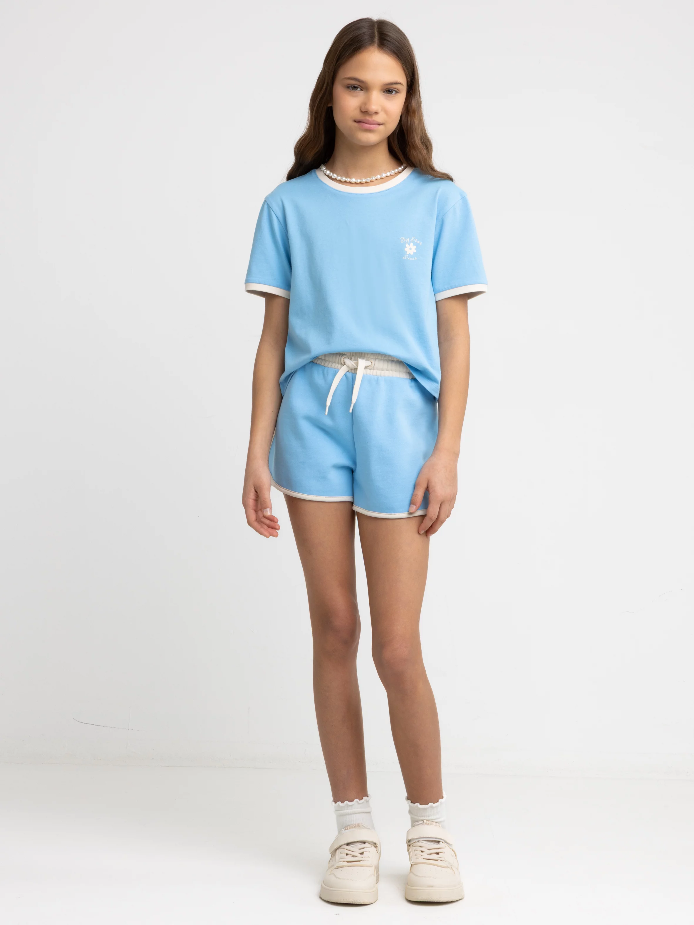 Szorty dziewczęce dresowe wykoŅczone białą lamówką niebieskie Esterash 401