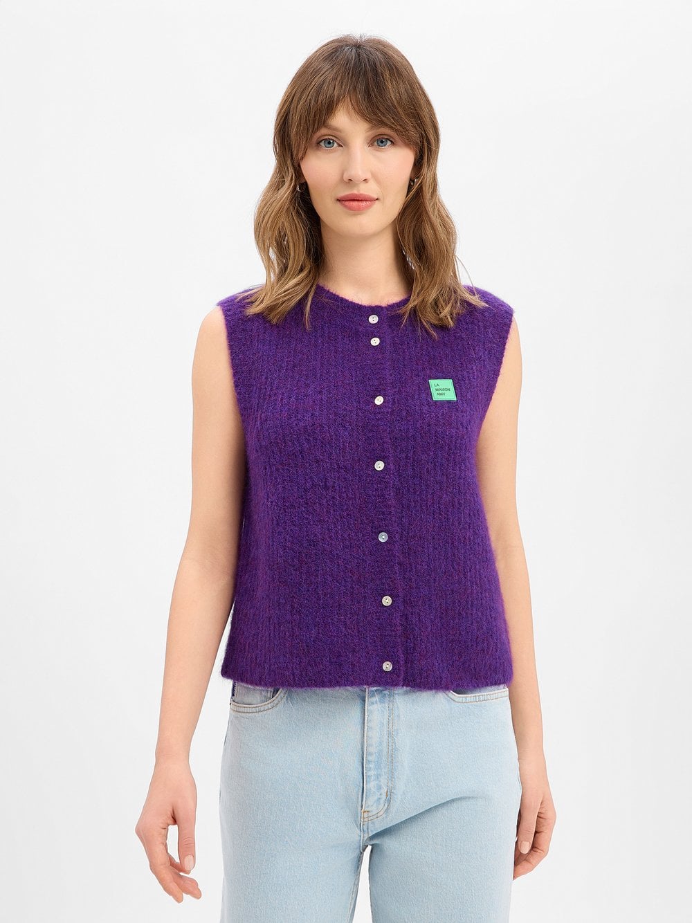 american vintage Damska kamizelka z dzianiny z alpaką i wełną - East Kobiety Sztuczne włókno lila marmurkowy, L