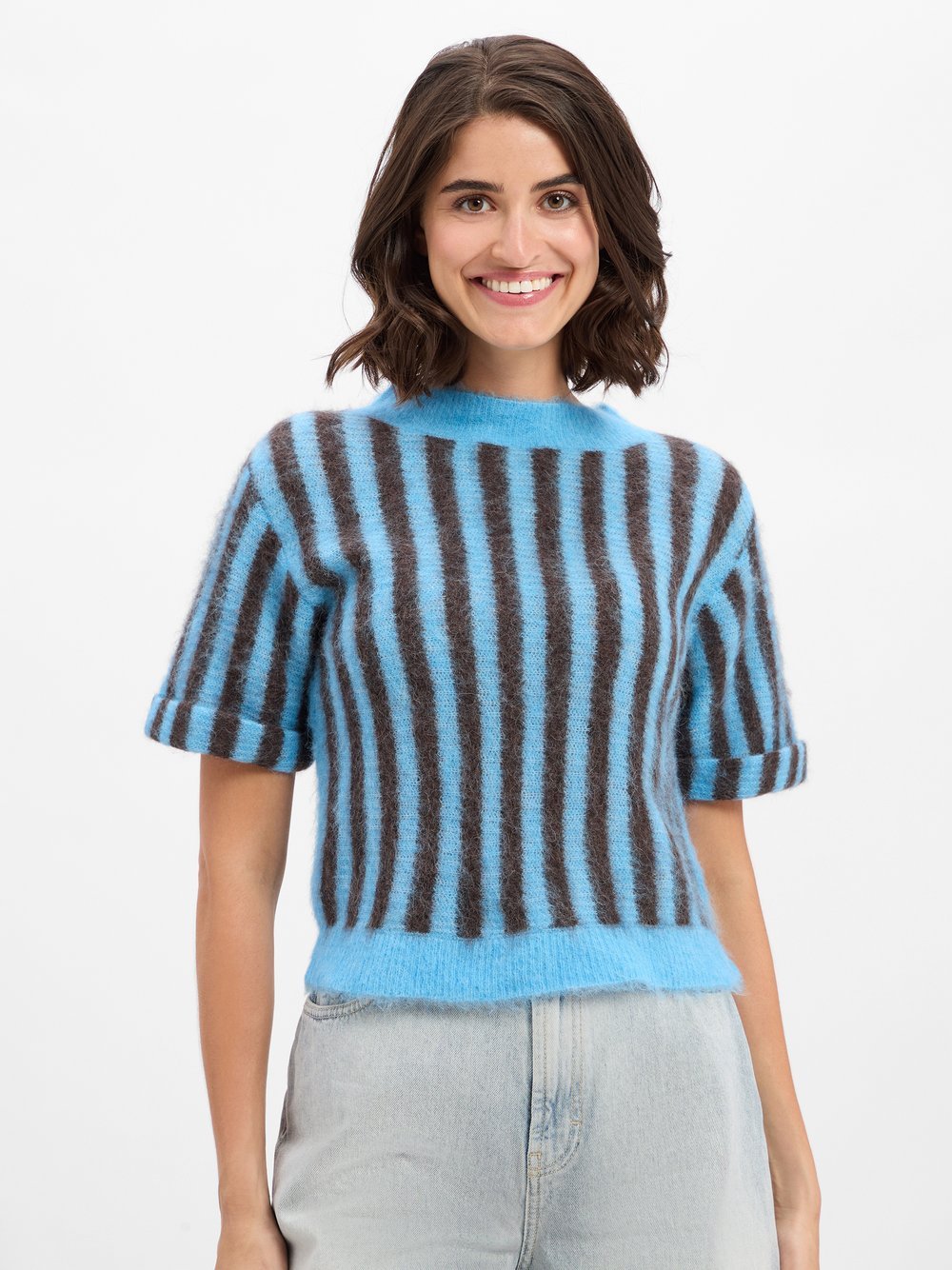 american vintage Damski sweter z krótkim rękawem z alpaką - Nenybay Kobiety niebieski|brązowy w paski, M