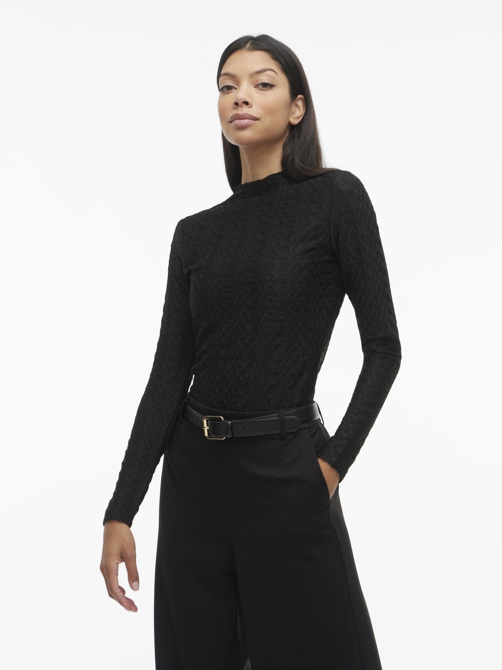 Vila Damska koszulka z długim rękawem - VISagara Kobiety czarny wypukły wzór tkaniny, L