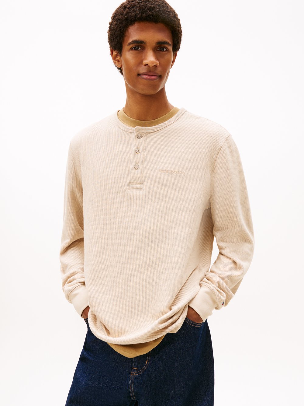 Tommy Jeans Męska koszula z długim rękawem Mężczyźni Bawełna beżowy wypukły wzór tkaniny, XL