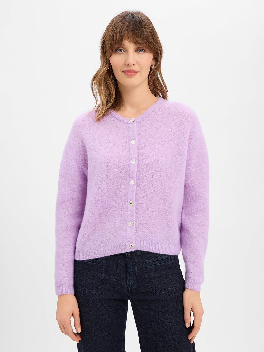 american vintage Damski kardigan z wełną i alpaką - Vitow Kobiety drobna dzianina lila jednolity, L
