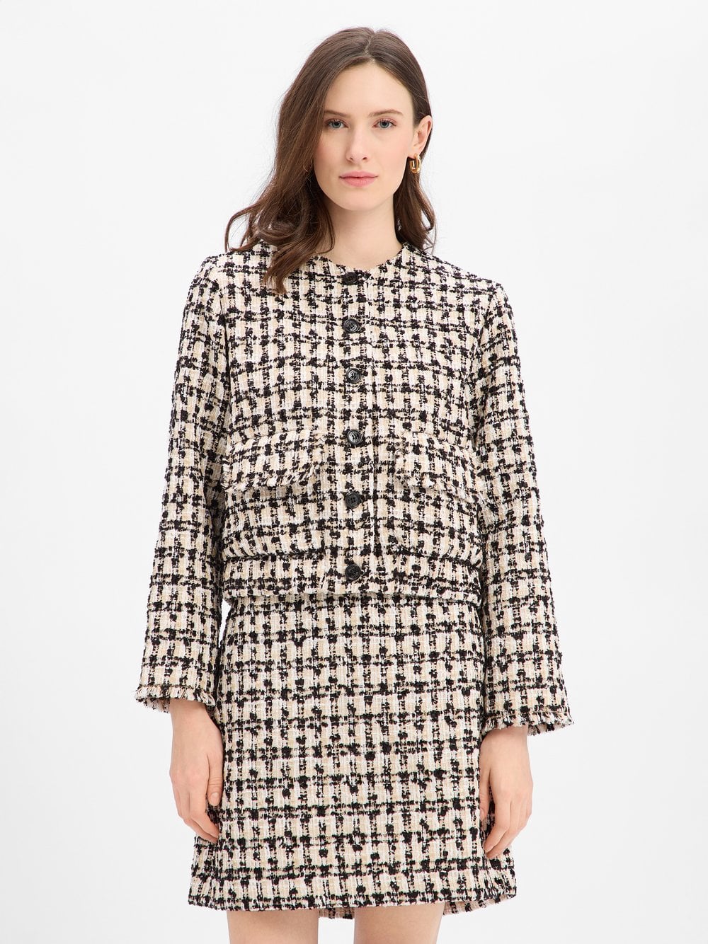 JOOP! Damski tweedowy blezer - Jenifer Kobiety Sztuczne włókno beżowy|czarny w kratkę, 34