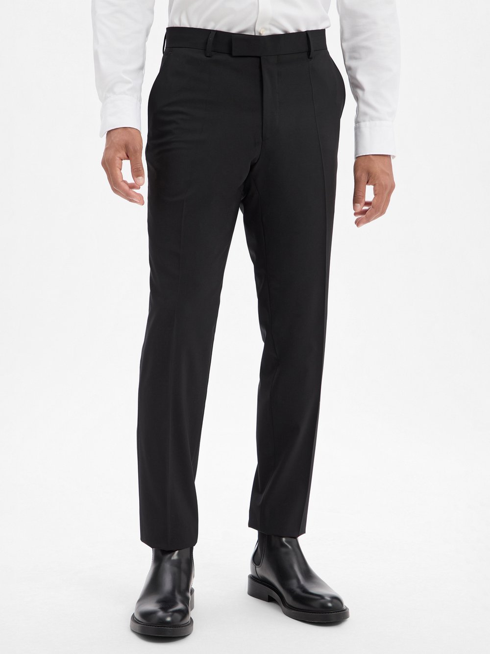 BOSS Męskie spodnie garniturowe z wełny dziewiczej Baukasten - Leon Mężczyźni Regular Fit wełna ze strzyży czarny jednolity, 24