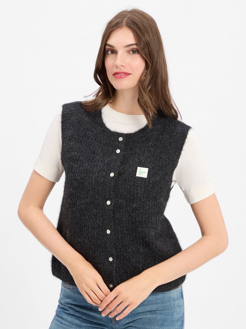 american vintage Damska kamizelka z dzianiny z zawartością alpaki - East Kobiety szary marmurkowy, M
