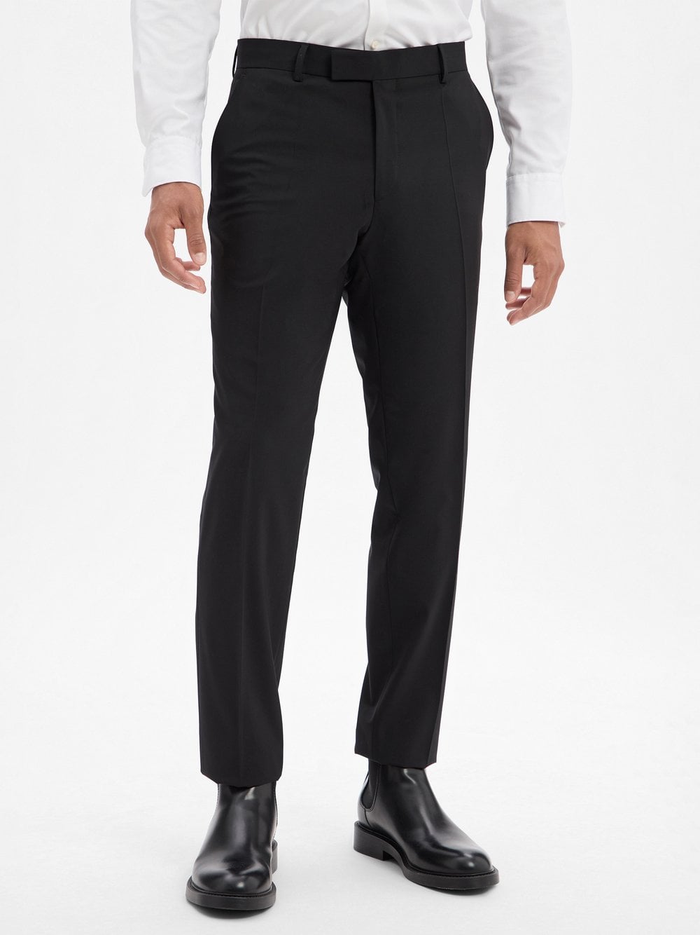 BOSS Męskie spodnie garniturowe z wełny dziewiczej Baukasten - Leon Mężczyźni Regular Fit wełna ze strzyży czarny jednolity, 26