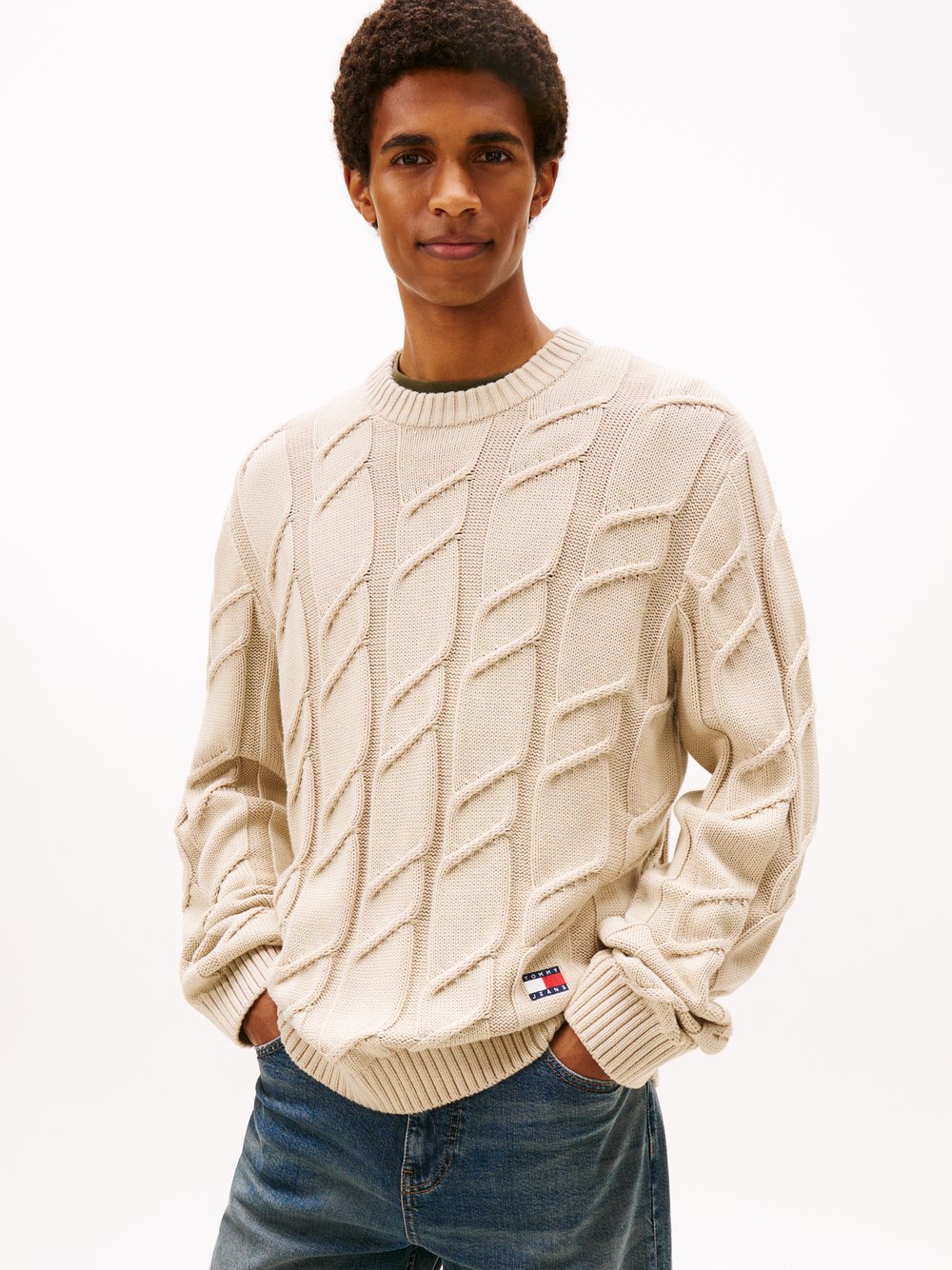 Tommy Jeans Męski sweter z dzianiny Mężczyźni Bawełna beżowy jednolity, XXL