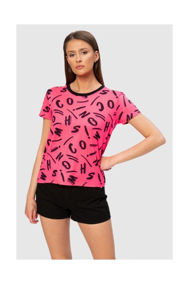 MOSCHINO Różowy t-shirt damski w czarne litery, Rozmiar S