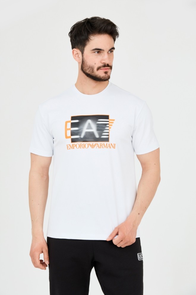 EA7 Męski biały t-shirt z holograficznym logo, Rozmiar XL