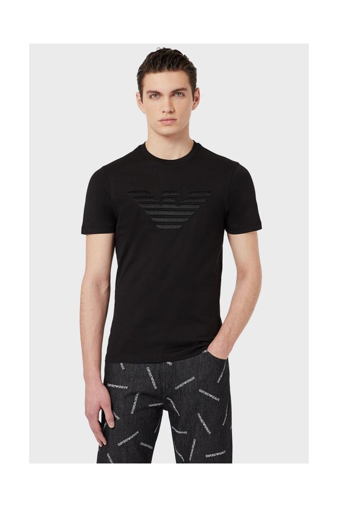 EMPORIO ARMANI T-shirt męski, czarny wyszywane logo, Rozmiar S